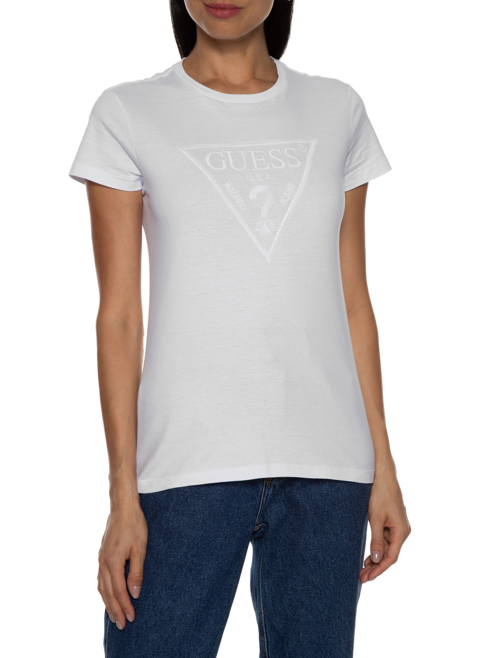 Camiseta Feminina Paetê e Bordado Branco Guess