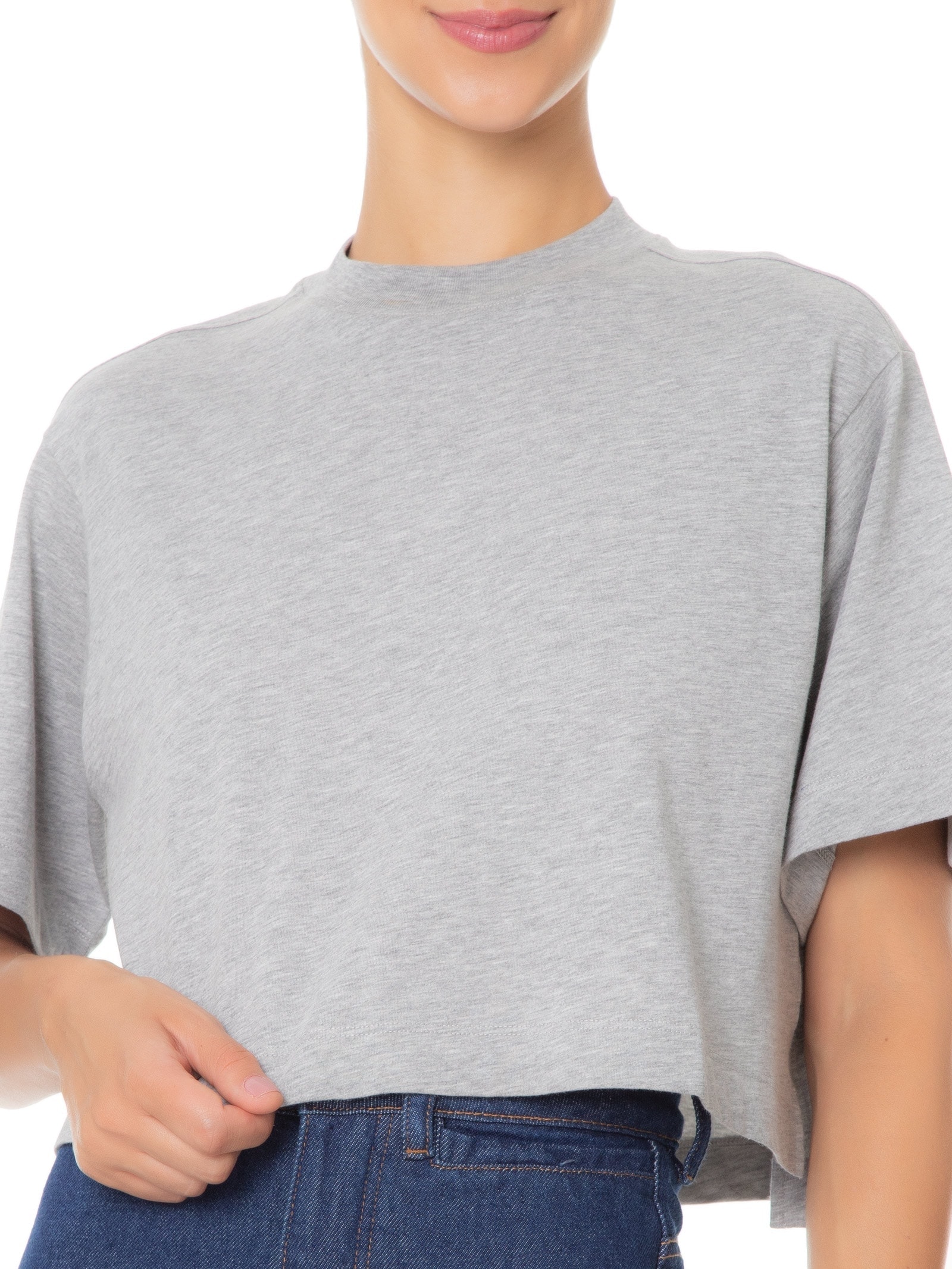 Camiseta Feminina Pima Manga Curta Gola Alta Cinza '2Essential
