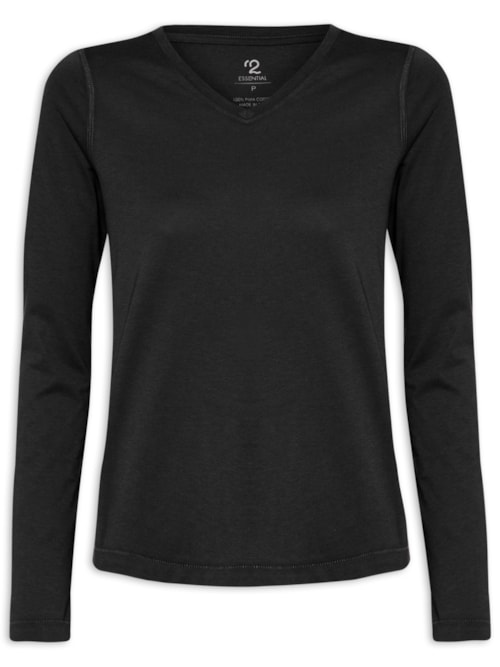 Camiseta Feminina Pima Manga Longa Decote V – Preto