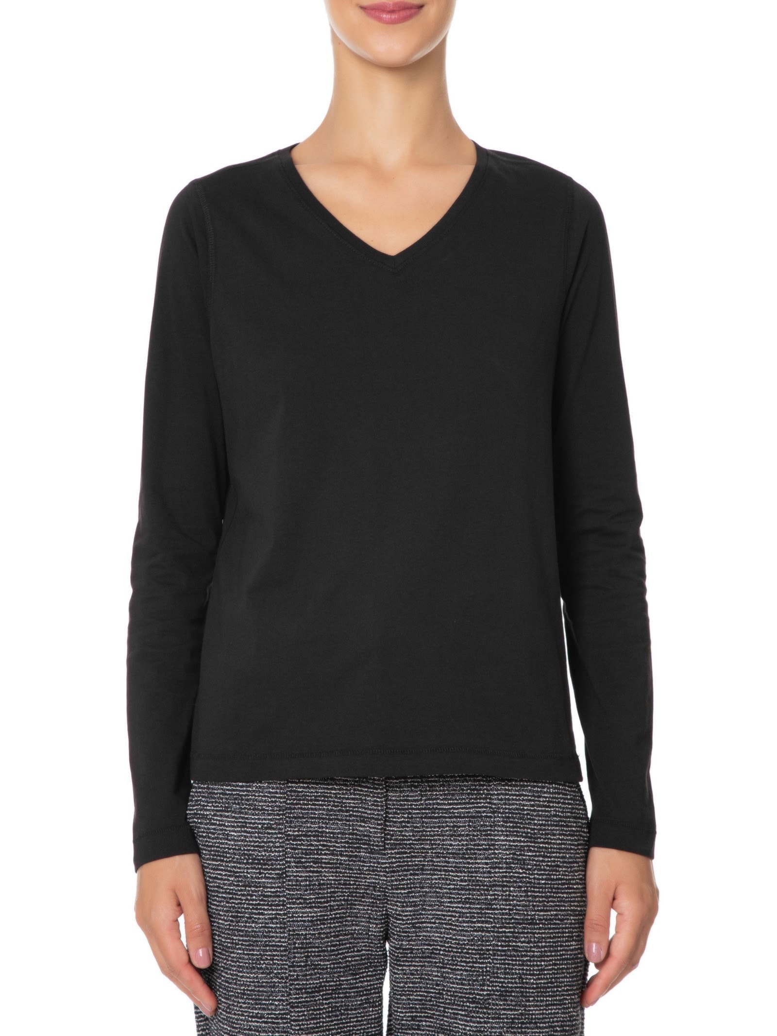 Camiseta Feminina Pima Manga Longa Decote V Preto '2Essential