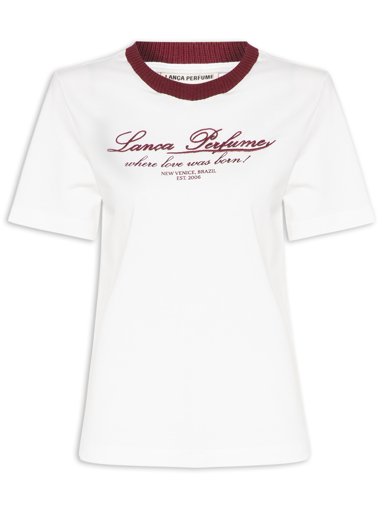 Camiseta Feminina Regular com Bordado – Off White Lança Perfume