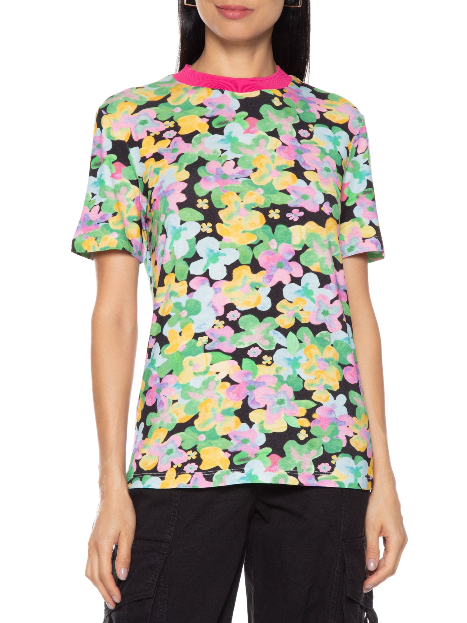 Camiseta Feminina Ret Floral Aquarela Rosa Canal
