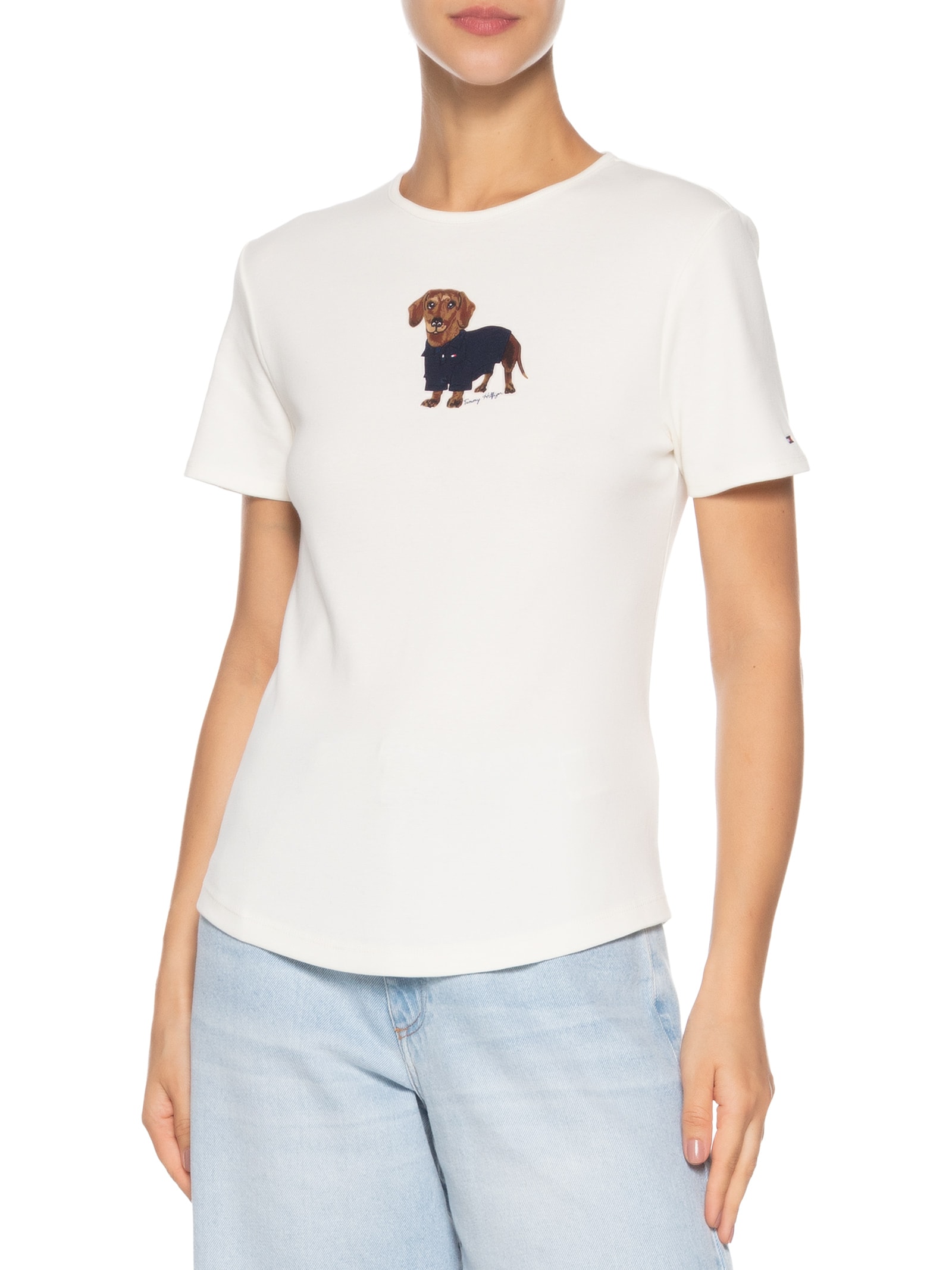 Camiseta Feminina Rib Dog Ringer Tee Branco Tommy Hilfiger