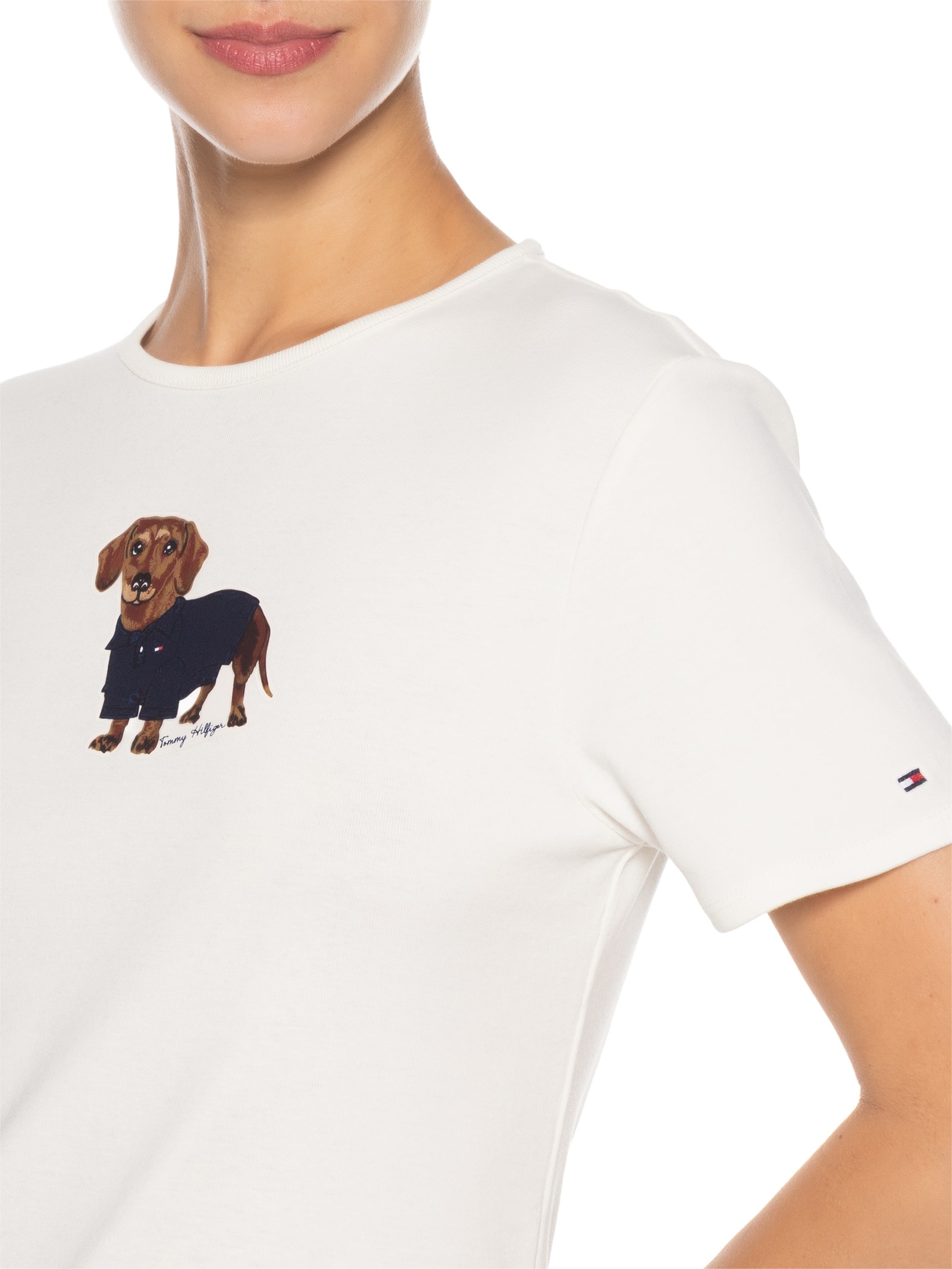 Camiseta Feminina Rib Dog Ringer Tee Branco Tommy Hilfiger