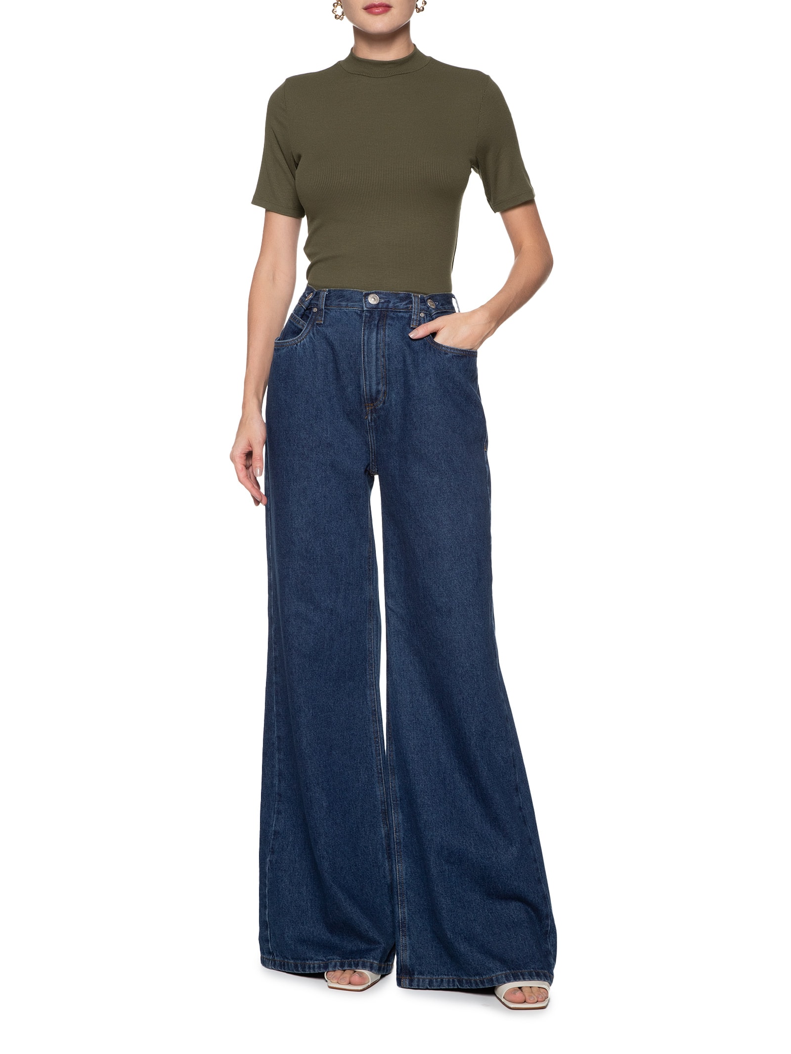 Camiseta Feminina Ribana Gola Alta Verde Shoulder