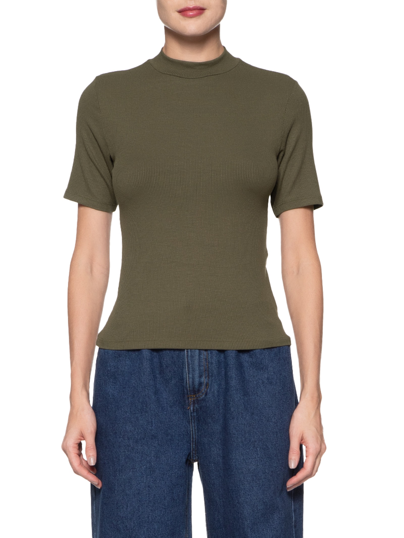 Camiseta Feminina Ribana Gola Alta Verde Shoulder