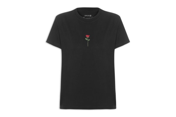 Camiseta Feminina Rosa Bordada - Preto