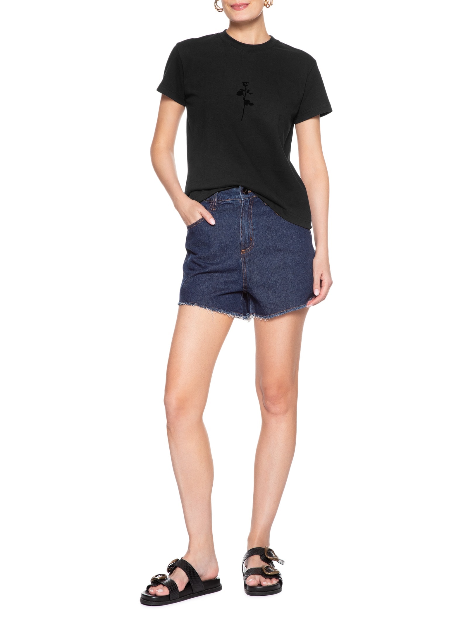 Camiseta Feminina Rosa Flocada Preta Osklen