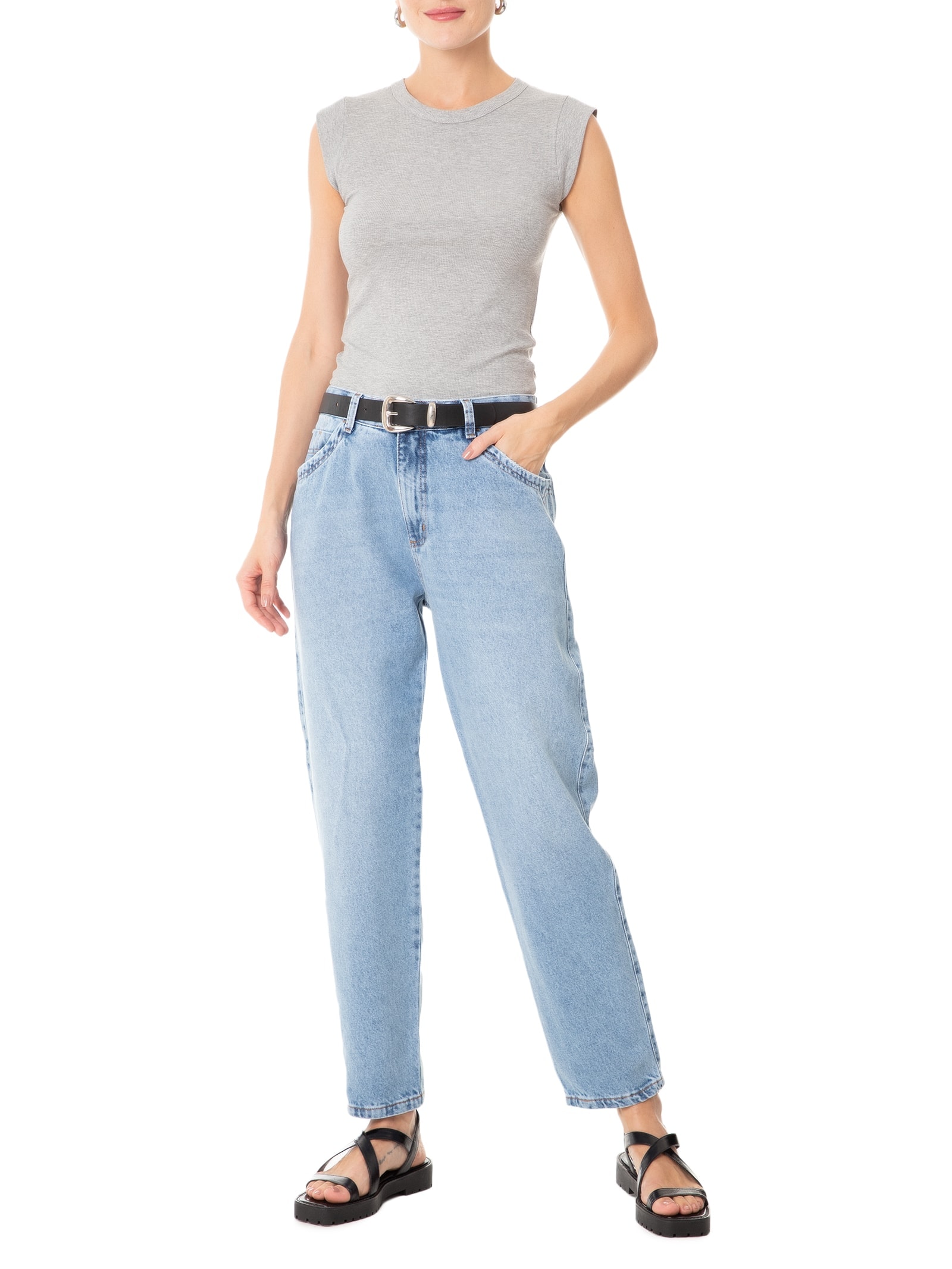 Camiseta Feminina Sem Manga Básica Cinza Basiq