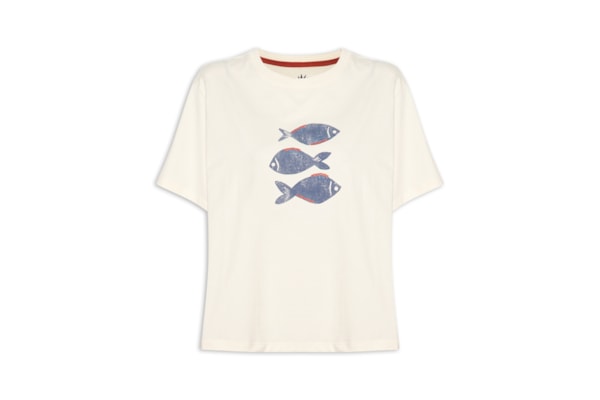 Camiseta Feminina Silk Peixe Com Bordado - Off White