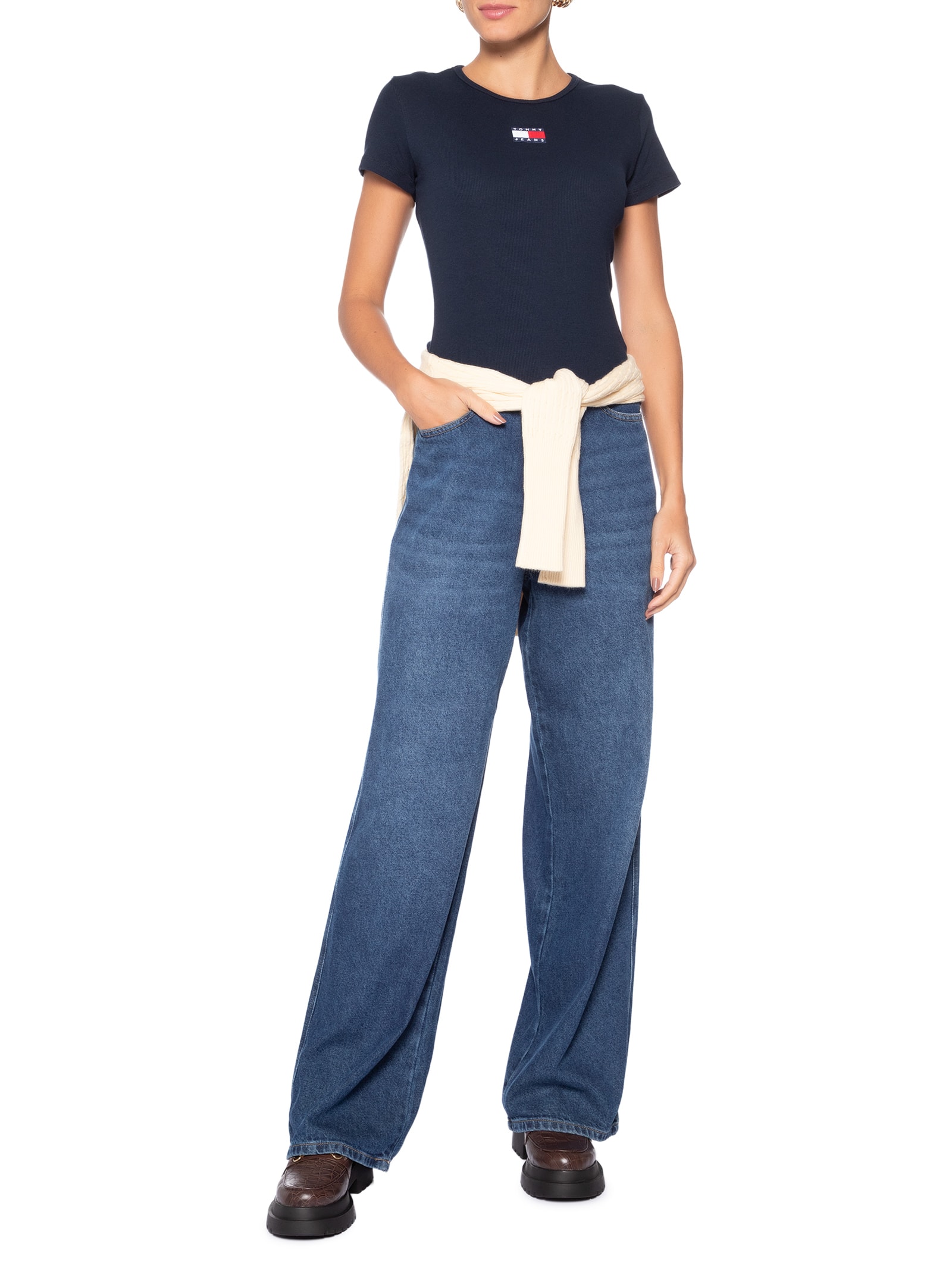 Camiseta Feminina Slim Badge Rib Tee Azul Tommy Jeans