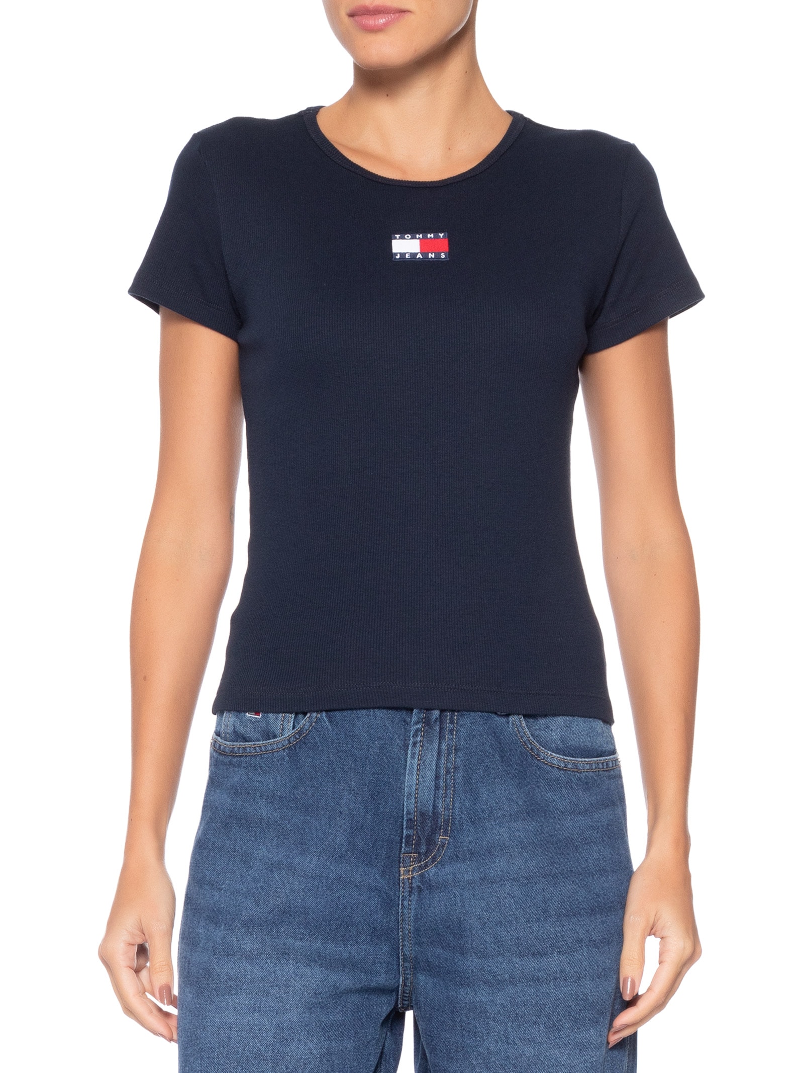 Camiseta Feminina Slim Badge Rib Tee Azul Tommy Jeans