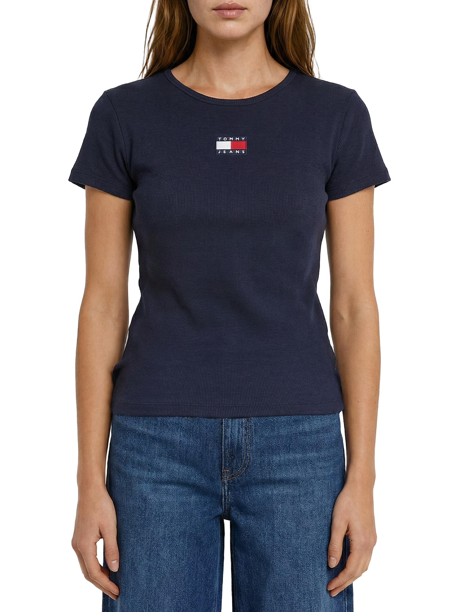 Camiseta Feminina Slim Badge Rib Tee Azul Tommy Jeans
