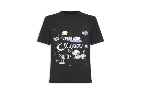 Camiseta Feminina Slim Bordada Sonho Colorido - Preto