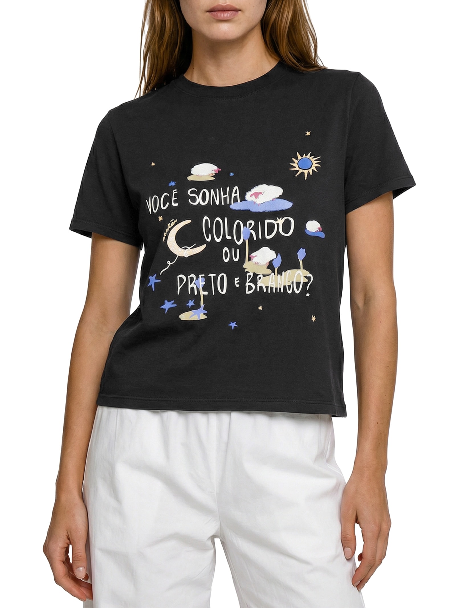 Camiseta Feminina Slim Bordada Sonho Colorido Preto Cantão