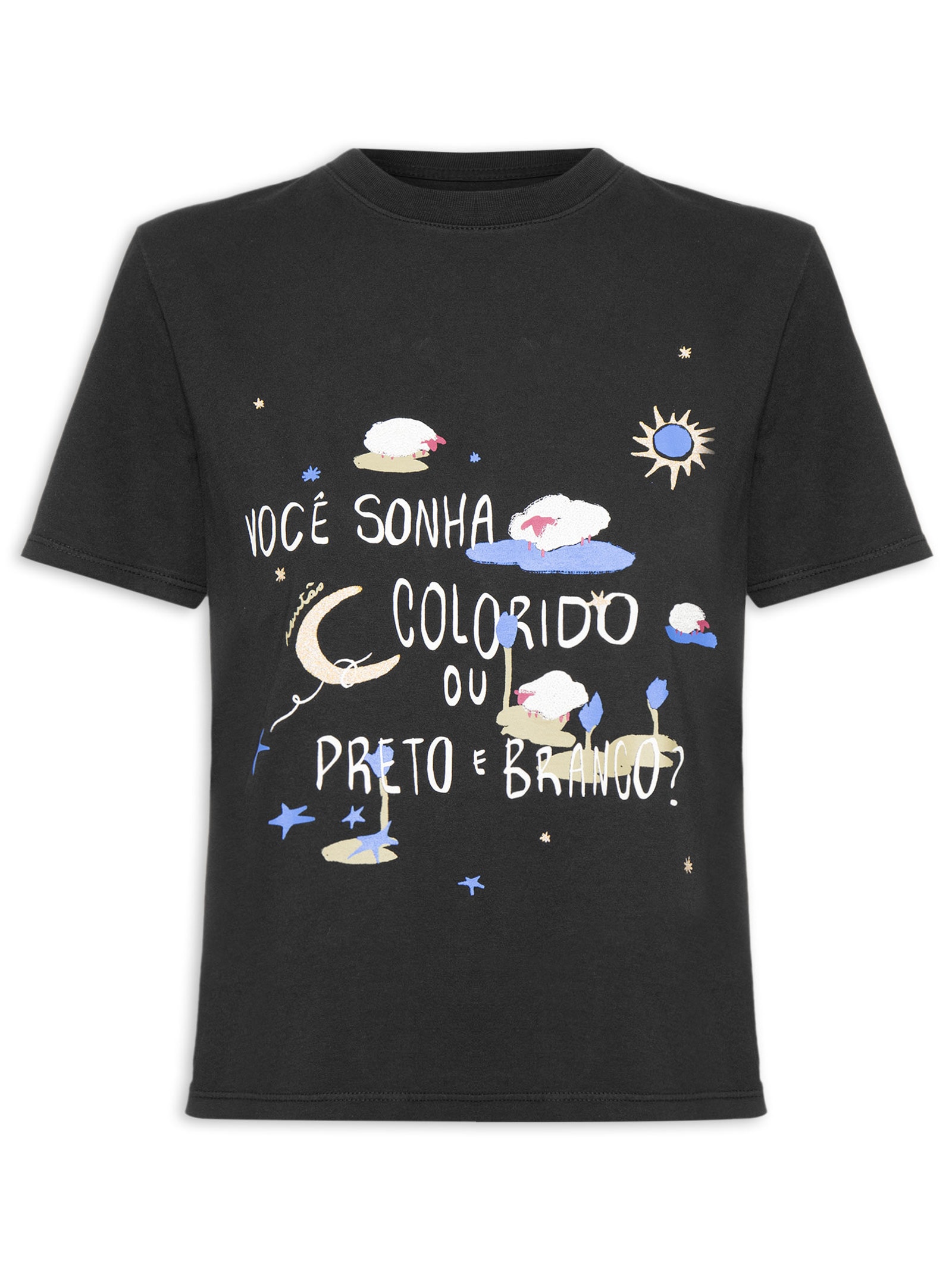 Camiseta Feminina Slim Bordada Sonho Colorido Preto Cantão