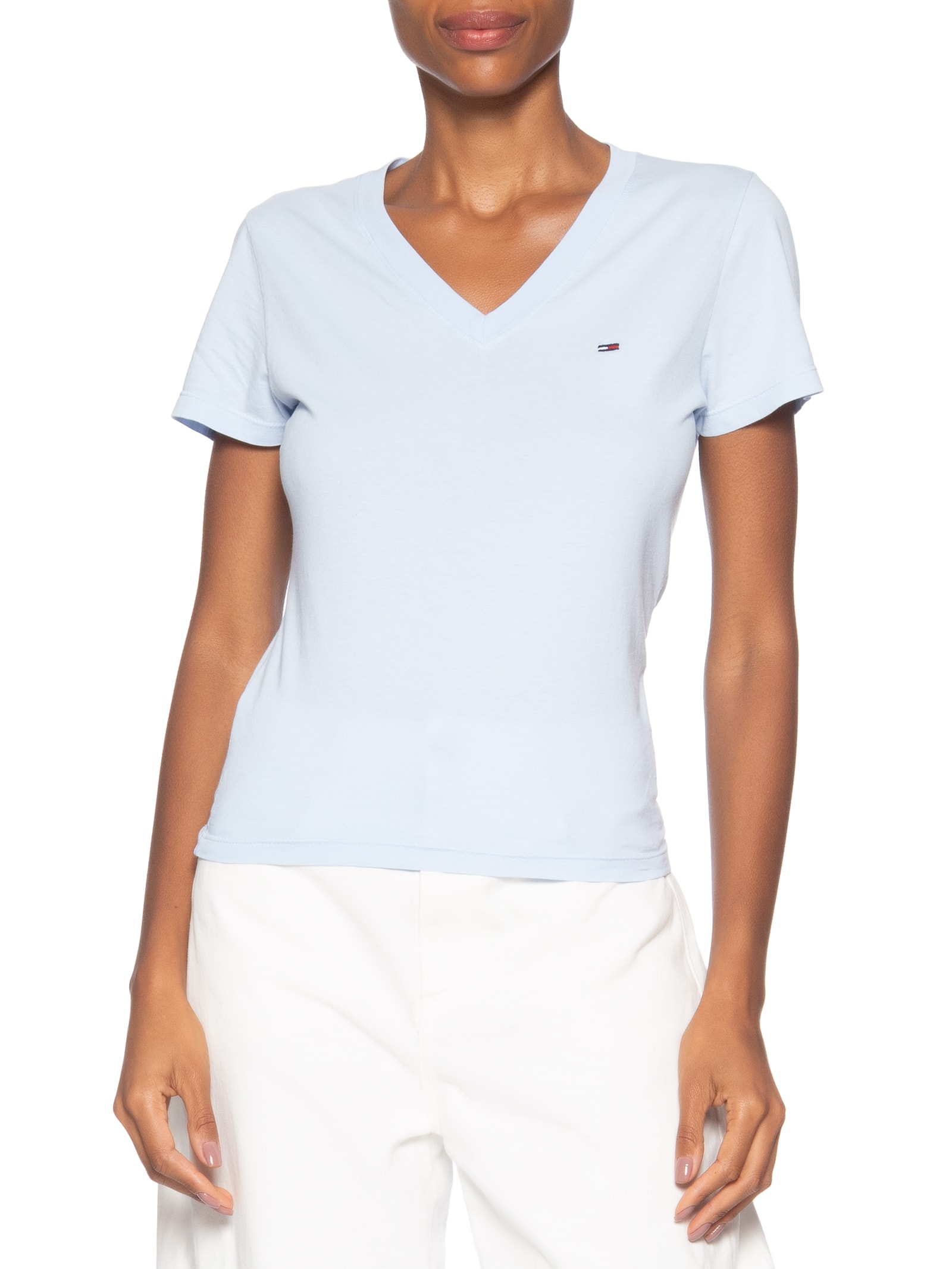 Camiseta Feminina Slim V-neck Tee Azul Tommy Jeans