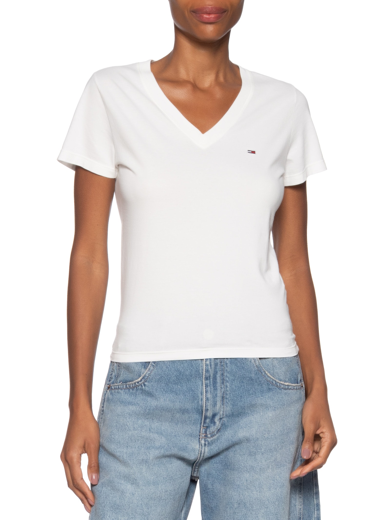 Camiseta Feminina Slim V-neck Tee Branco Tommy Jeans
