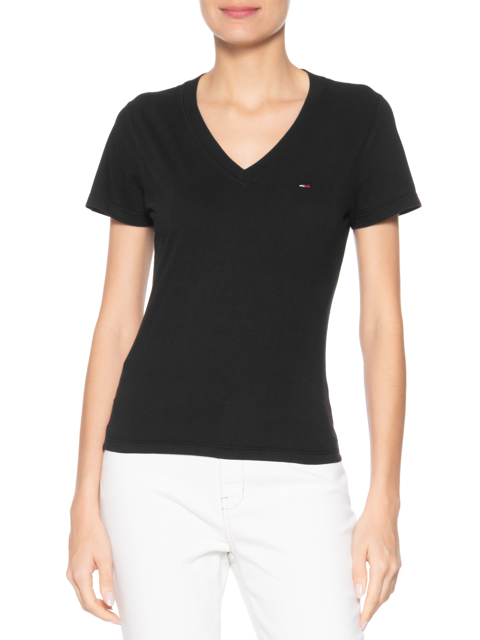 Camiseta Feminina Slim V-neck Tee Preto Tommy Jeans