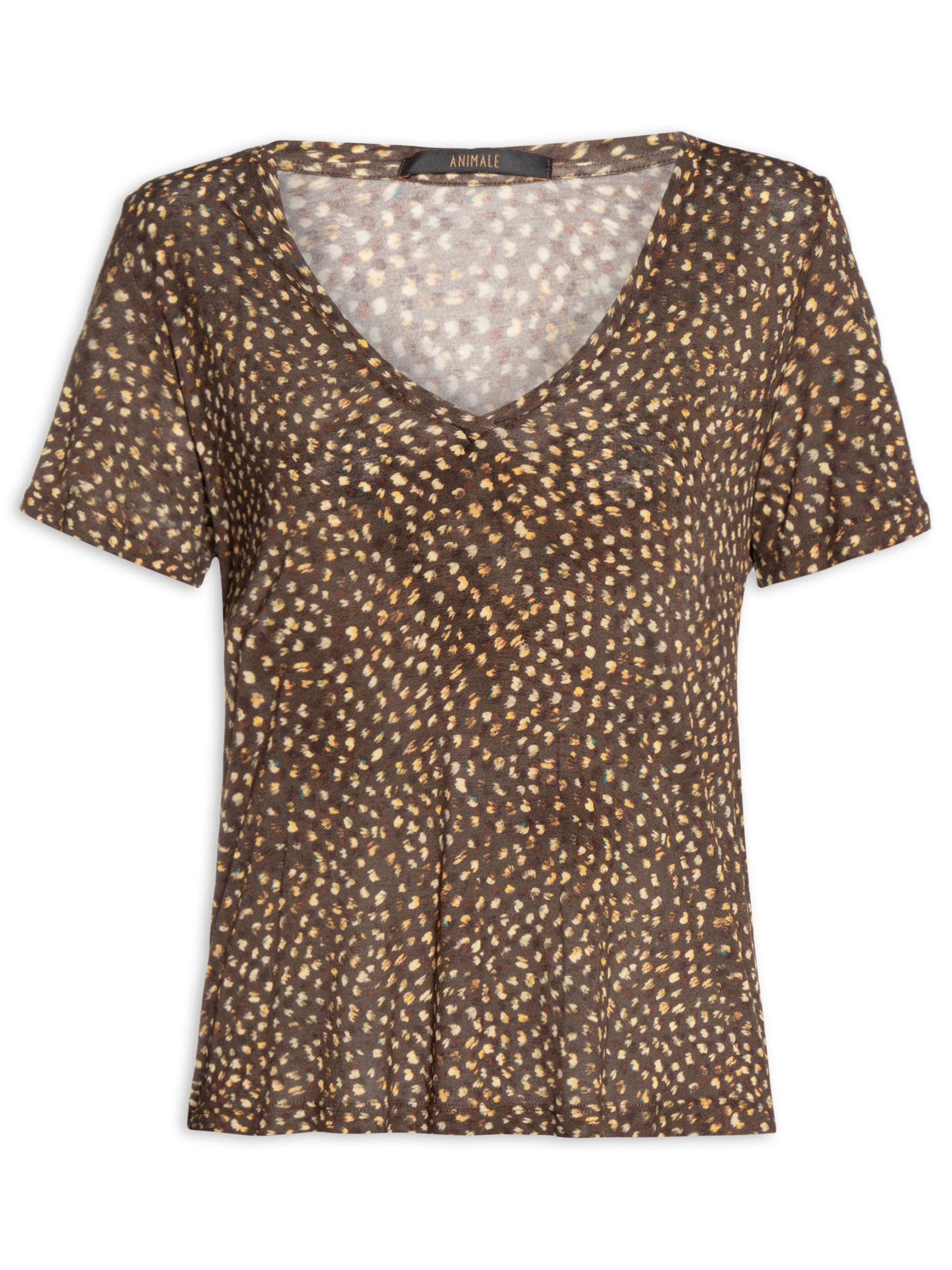 Camiseta Feminina Tee Decote V Manga Curta Textura Selva Marrom Animale