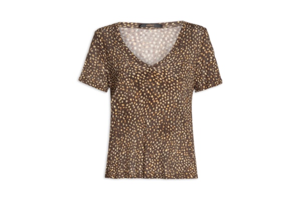 Camiseta Feminina Tee Decote V Manga Curta Textura Selva - Marrom