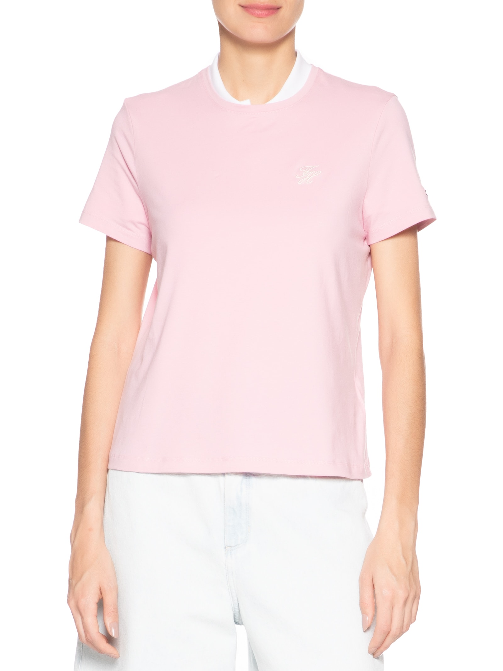 Camiseta Feminina Th Script Reg C-Nk SS Tee - Rosa - Tommy Hilfiger