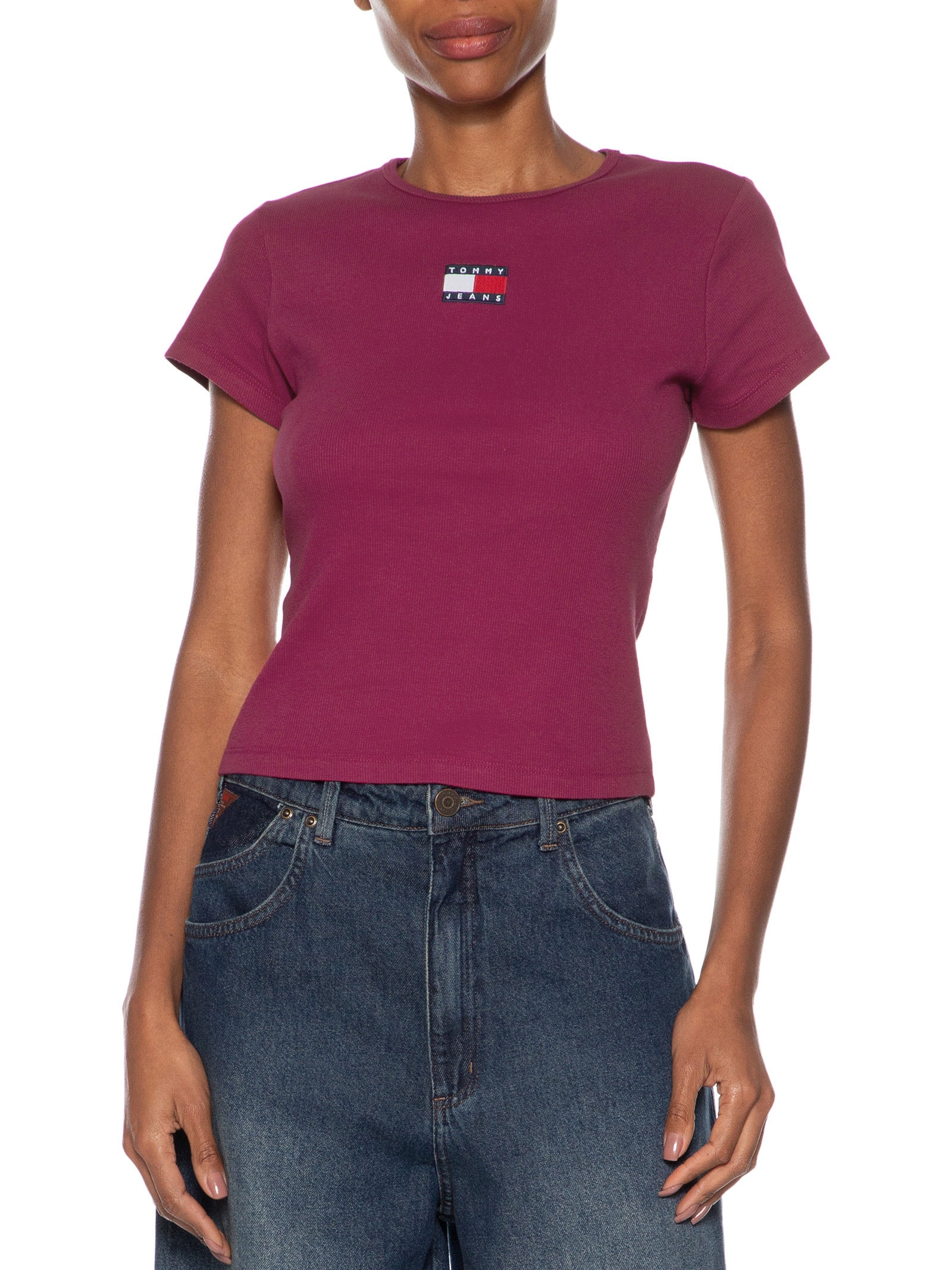 Camiseta Feminina Tjw Slim Badge Rib Tee Rosa Tommy Jeans