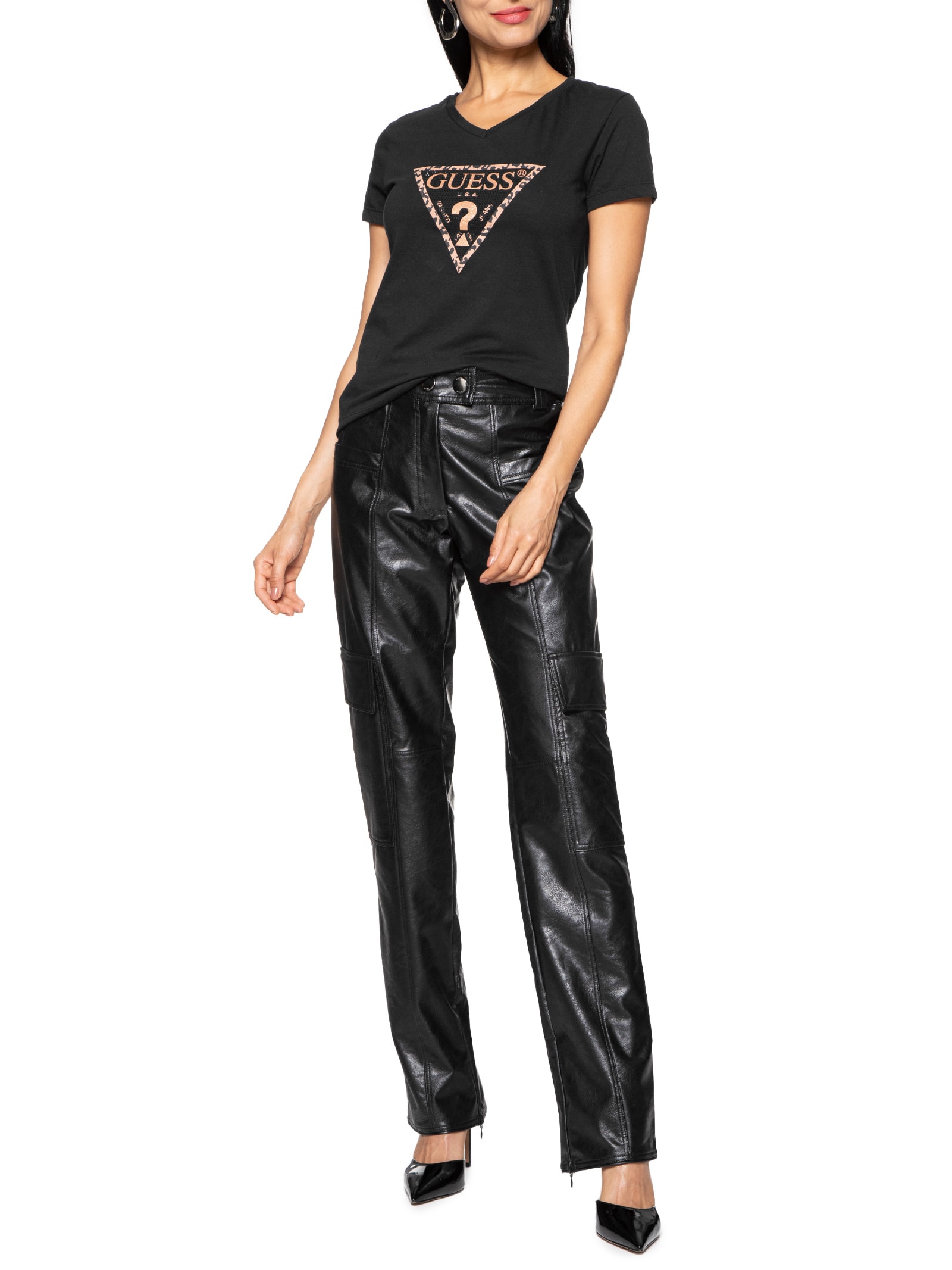 Camiseta Feminina Triang Onça Hot Fix Preto  Guess