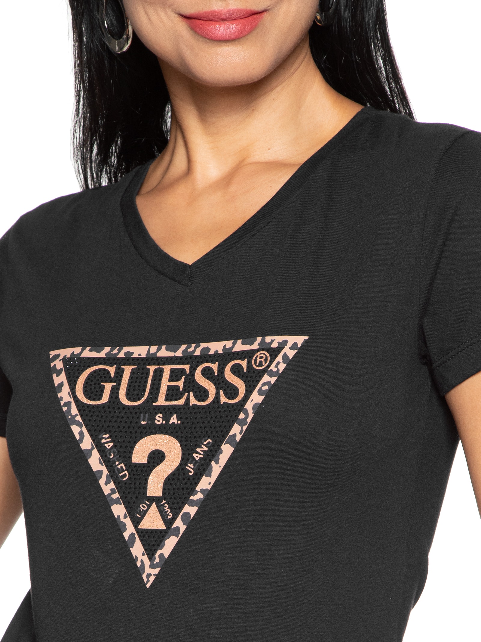 Camiseta Feminina Triang Onça Hot Fix Preto  Guess