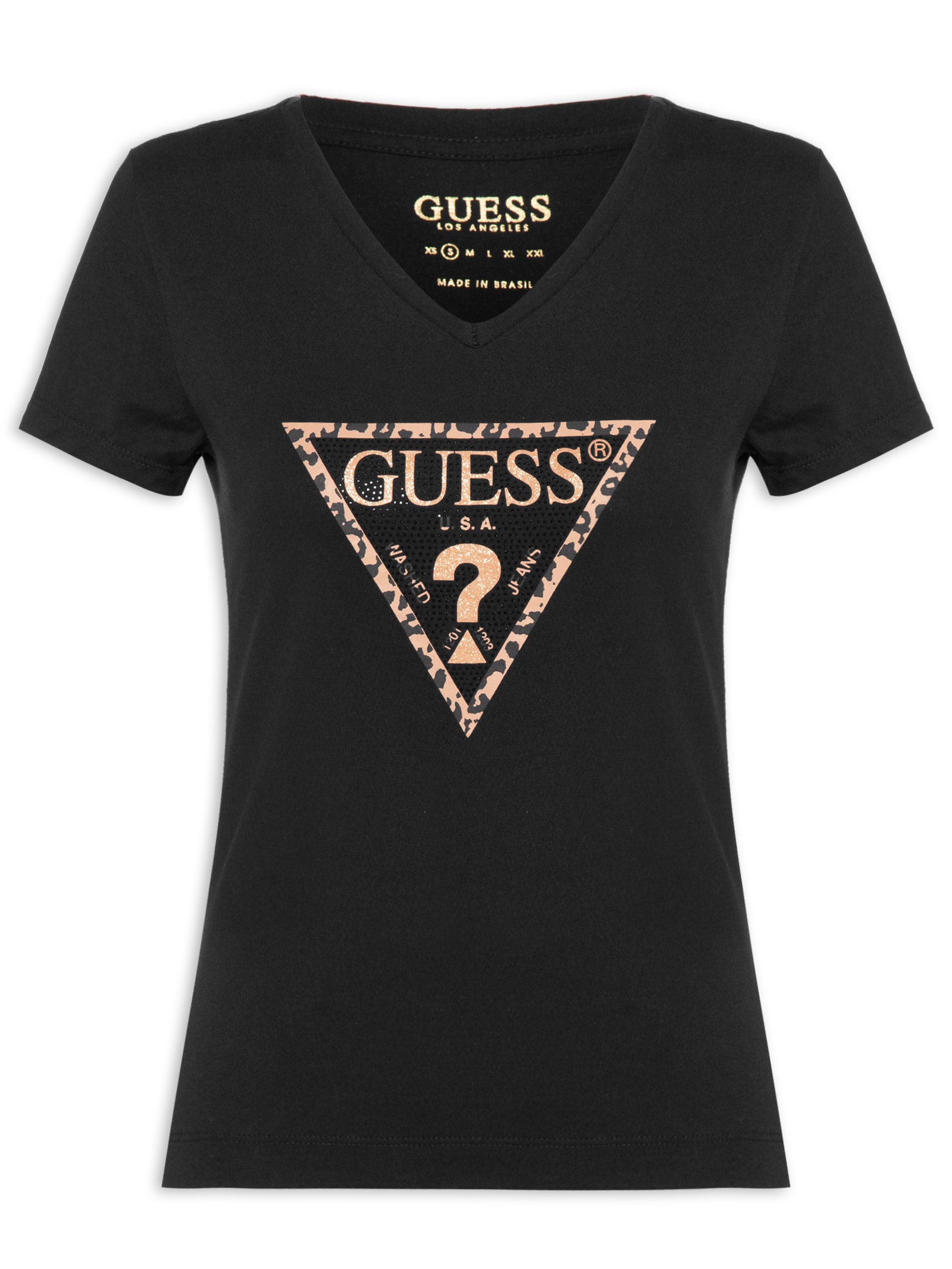 Camiseta Feminina Triang Onça Hot Fix Preto  Guess