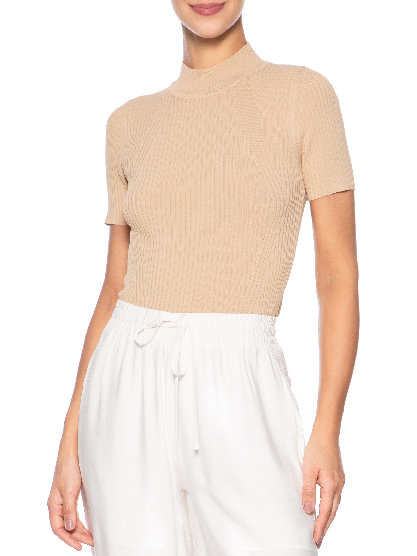 Camiseta Feminina Tricot Básica Bege Basiq