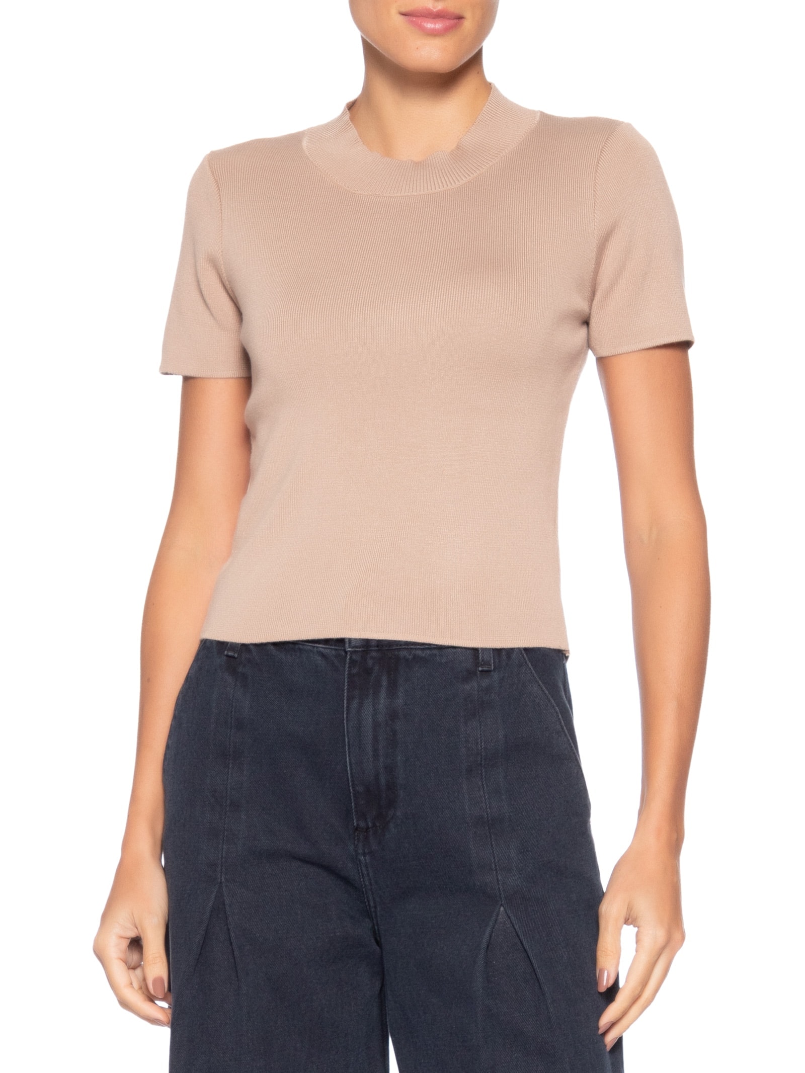 Camiseta Feminina Tricot Básica Bege Basiq