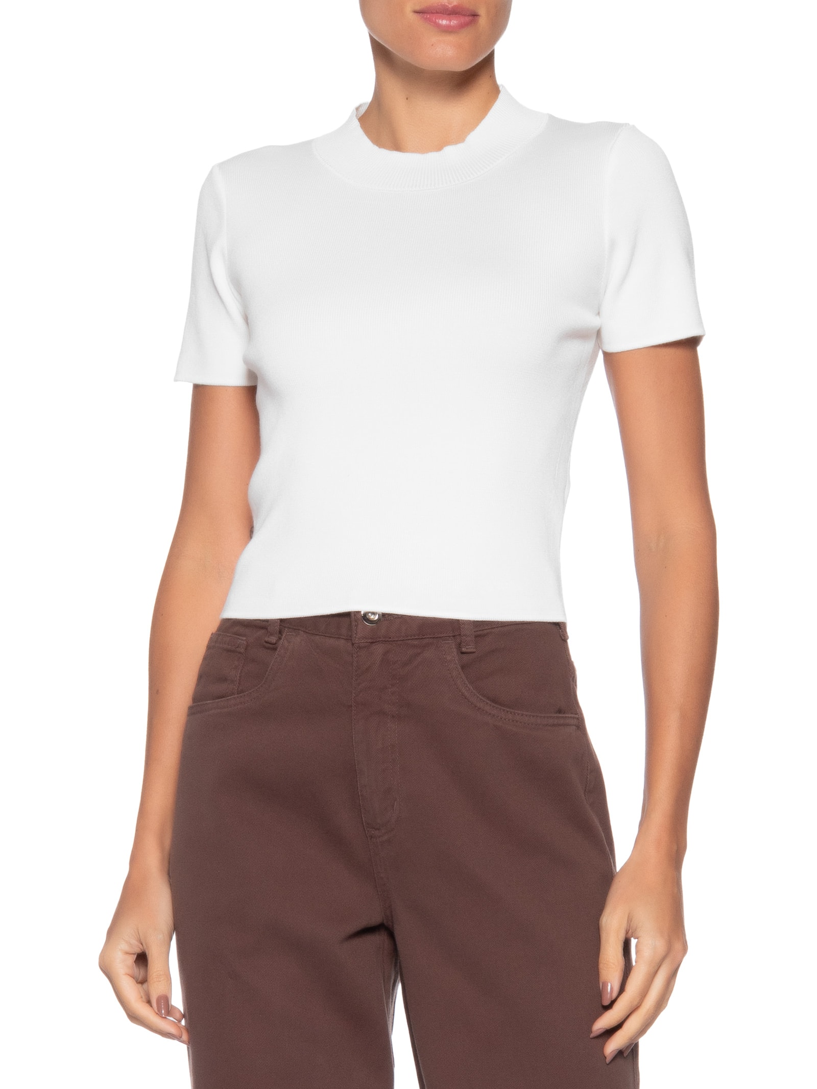 Camiseta Feminina Tricot Básica Branco Basiq