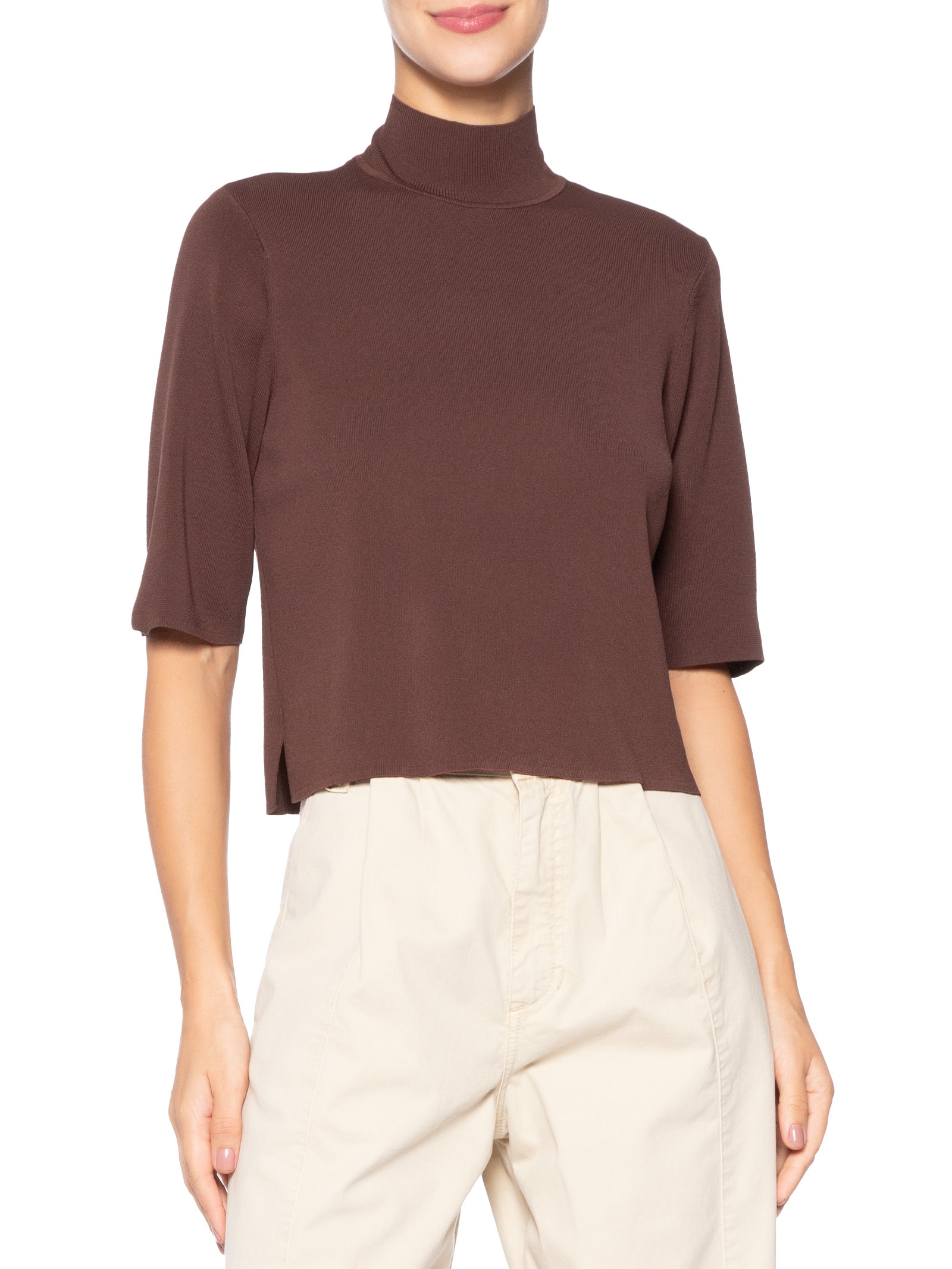 Camiseta Feminina Tricot Básica Gola Alta Color Marrom Animale