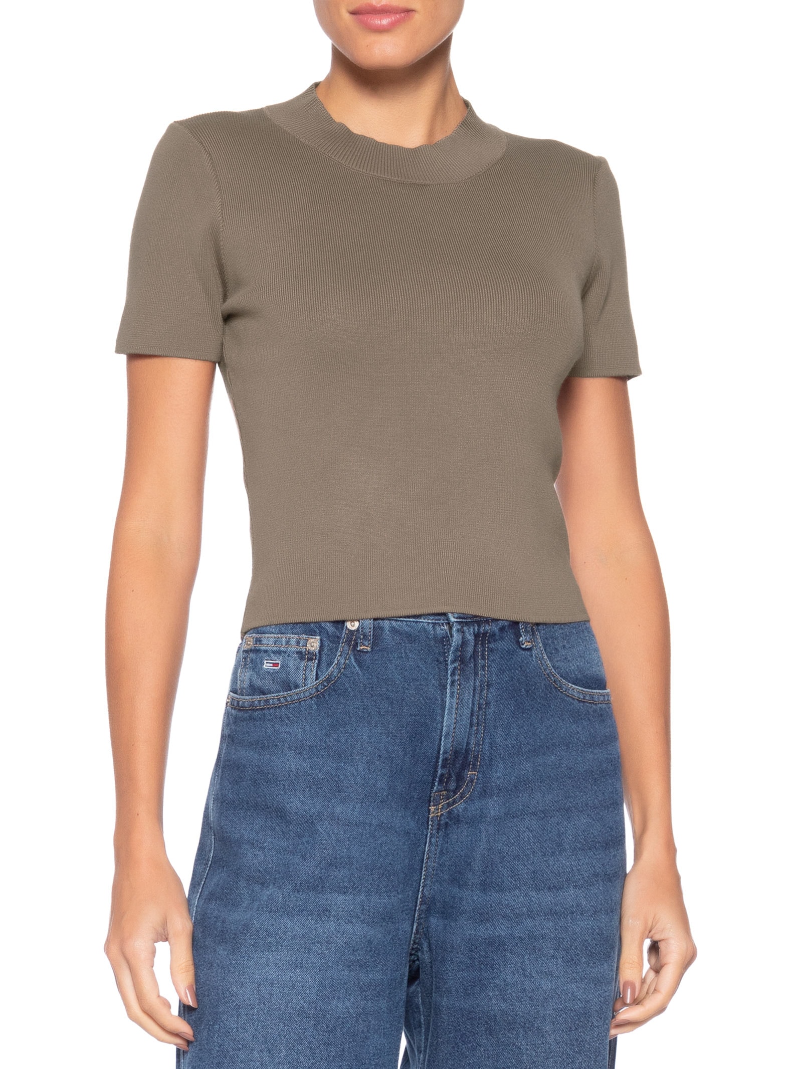 Camiseta Feminina Tricot Básica Marrom Basiq