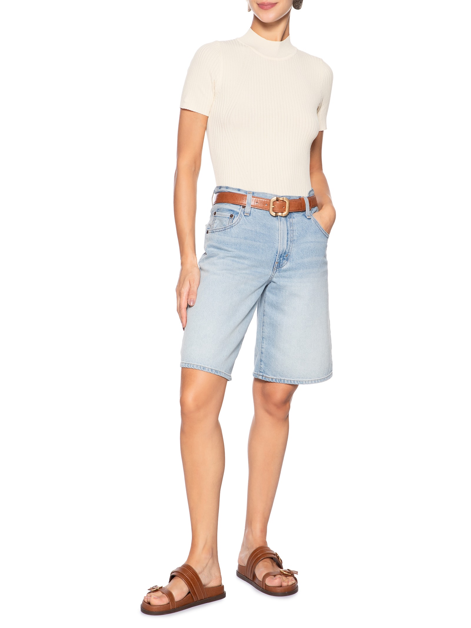 Camiseta Feminina Tricot Básica Off White Basiq