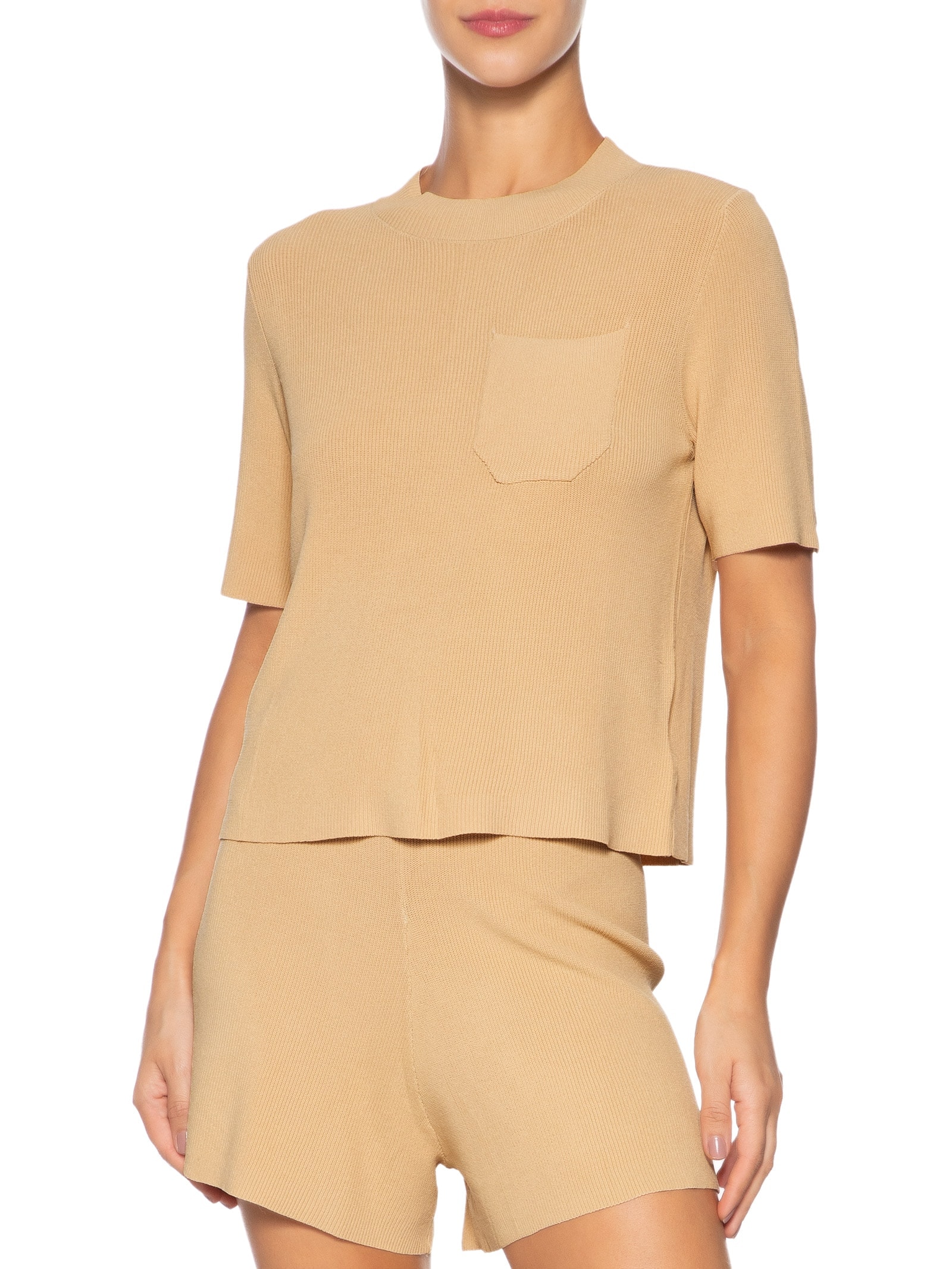 Camiseta Feminina Tricot Com Bolso Bege Basiq