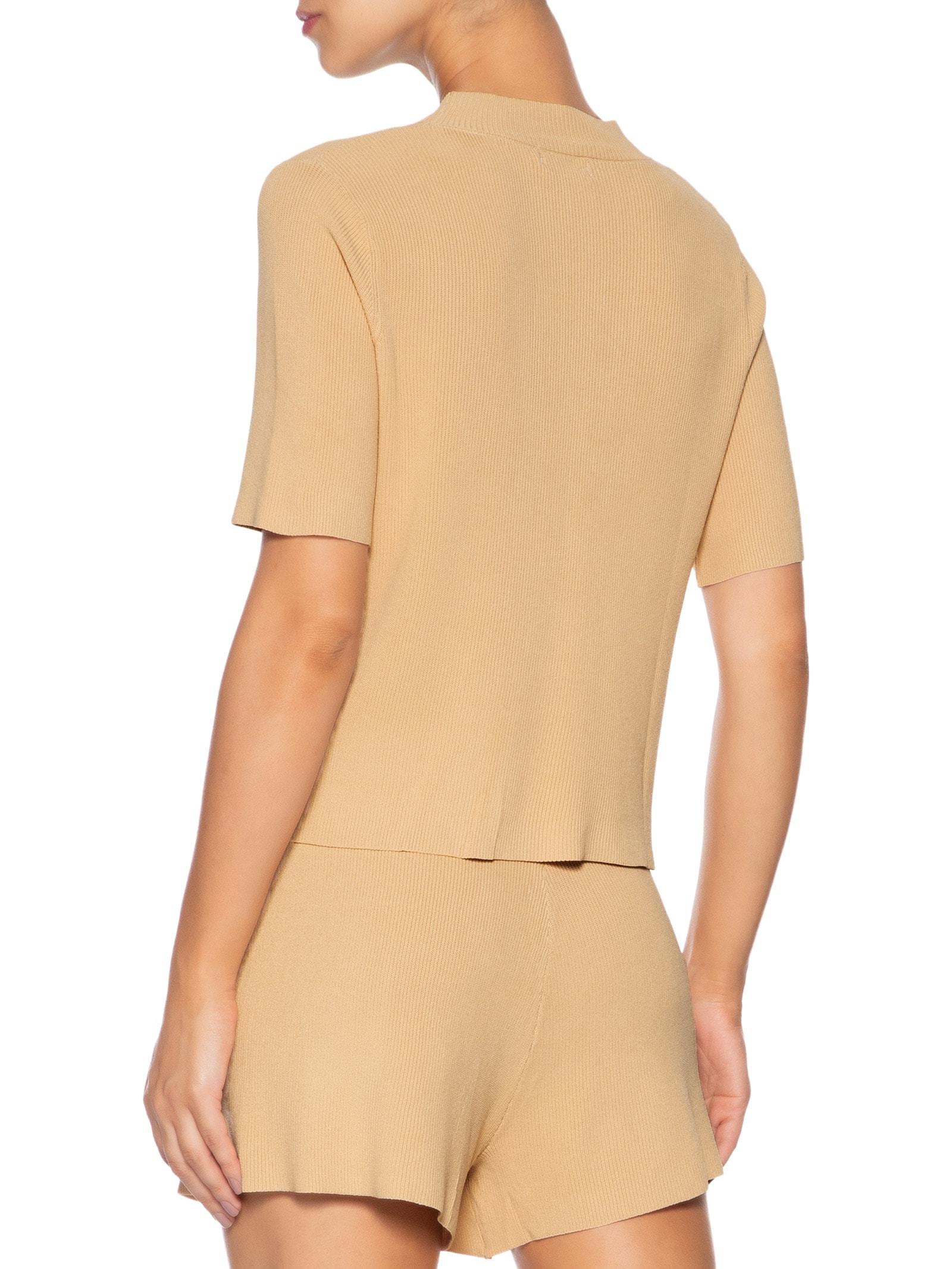 Camiseta Feminina Tricot Com Bolso Bege Basiq