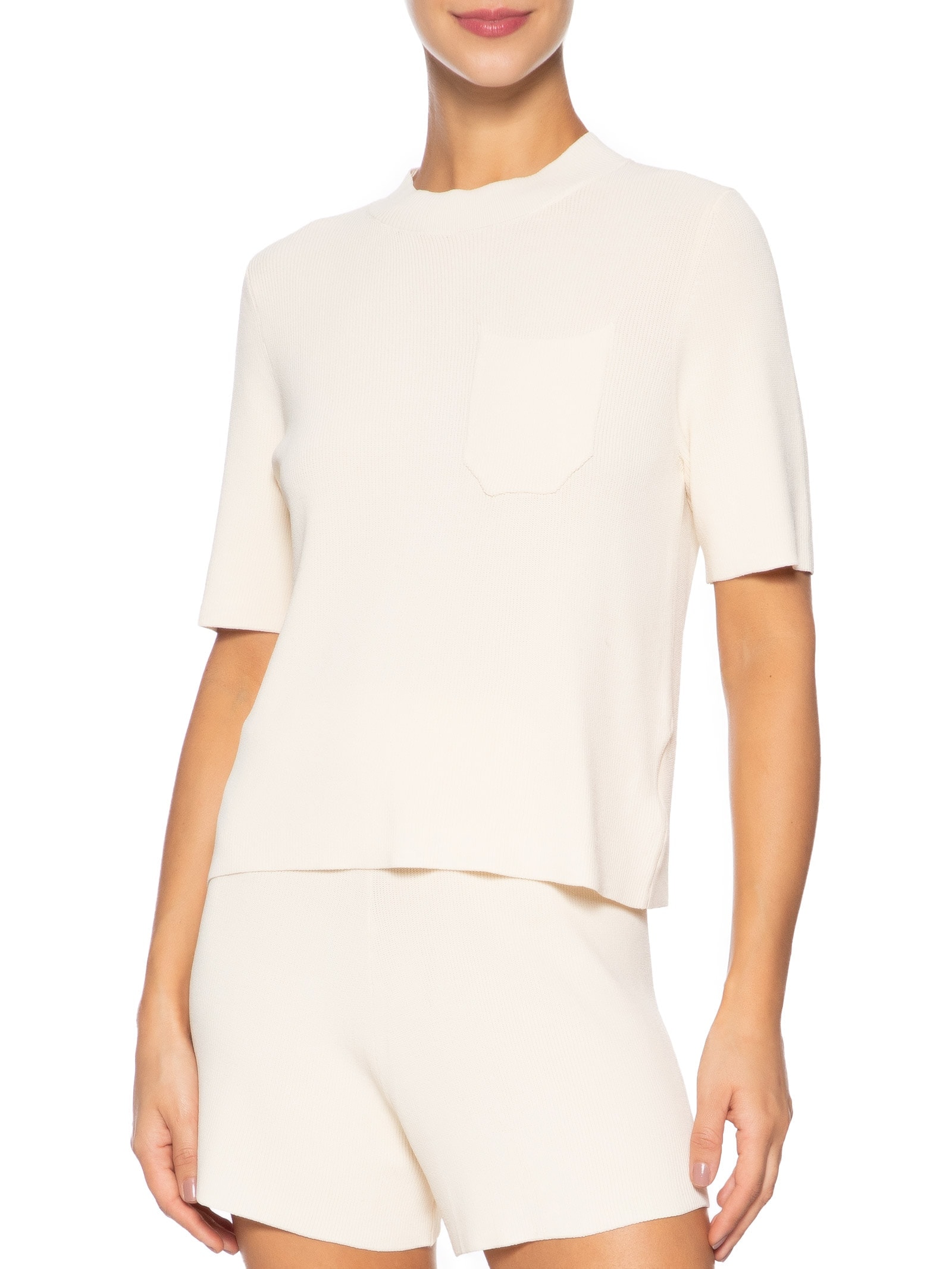 Camiseta Feminina Tricot Com Bolso Bege Basiq