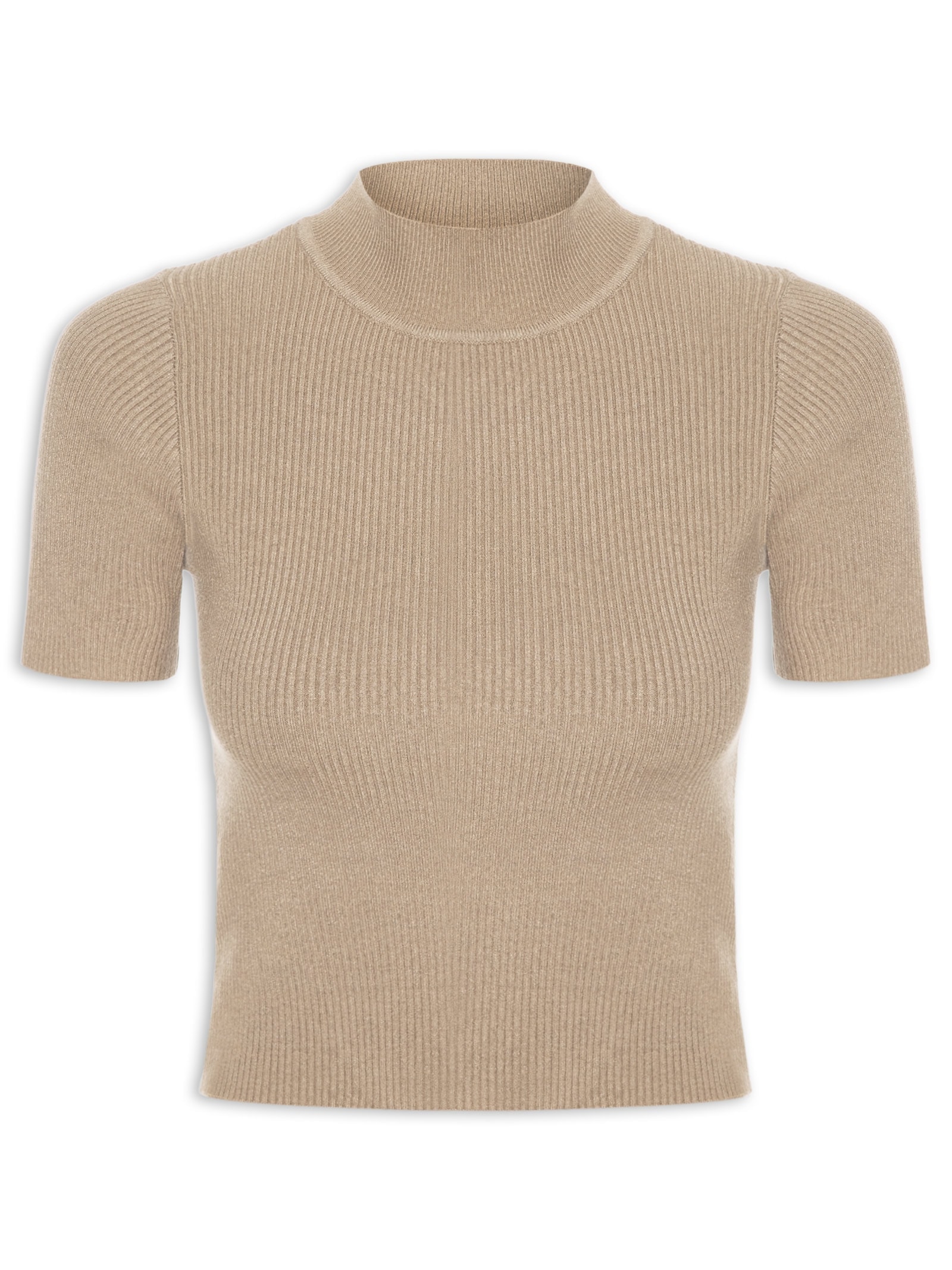 Camiseta Feminina Tricot Cropped Básica Bege Basiq