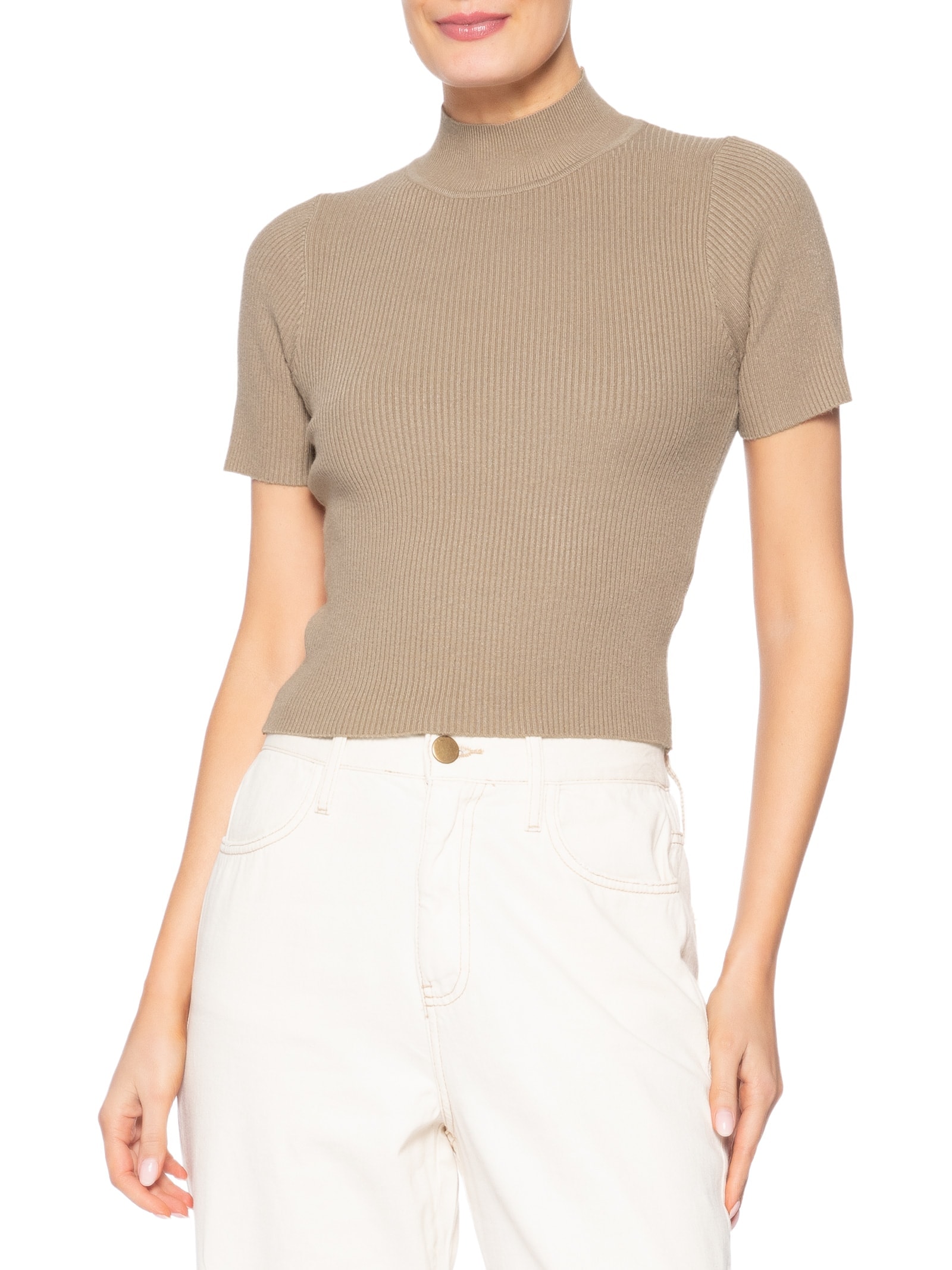 Camiseta Feminina Tricot Cropped Básica Bege Basiq