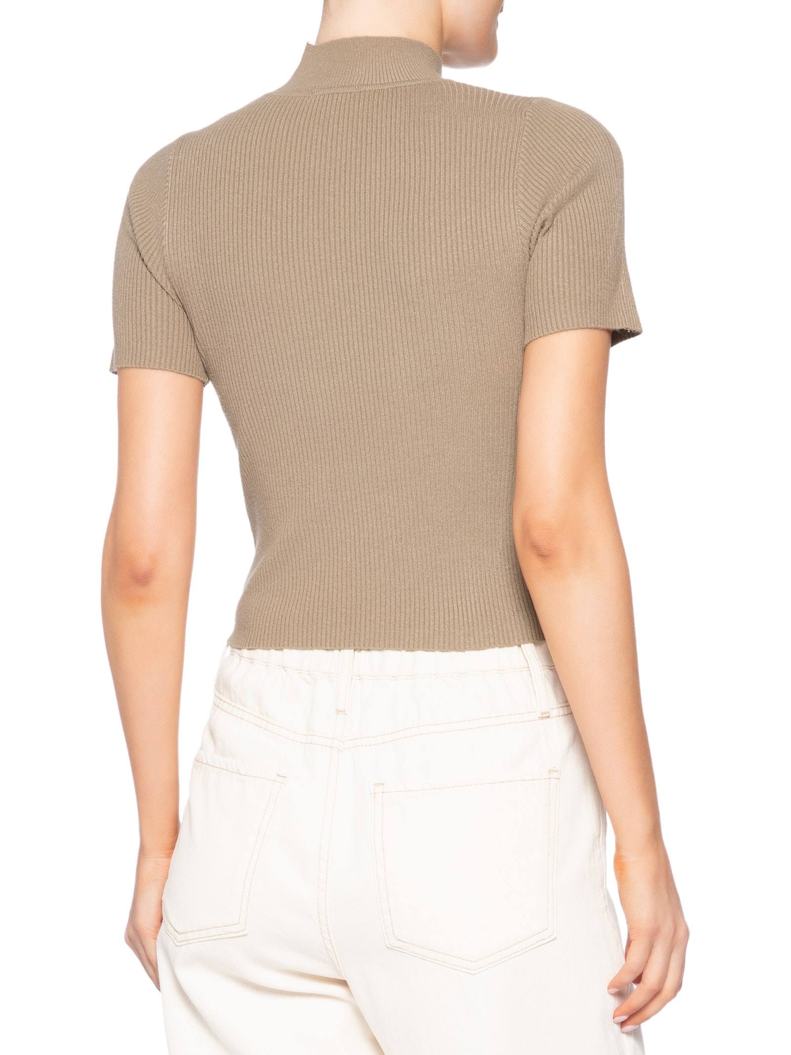 Camiseta Feminina Tricot Cropped Básica Bege Basiq