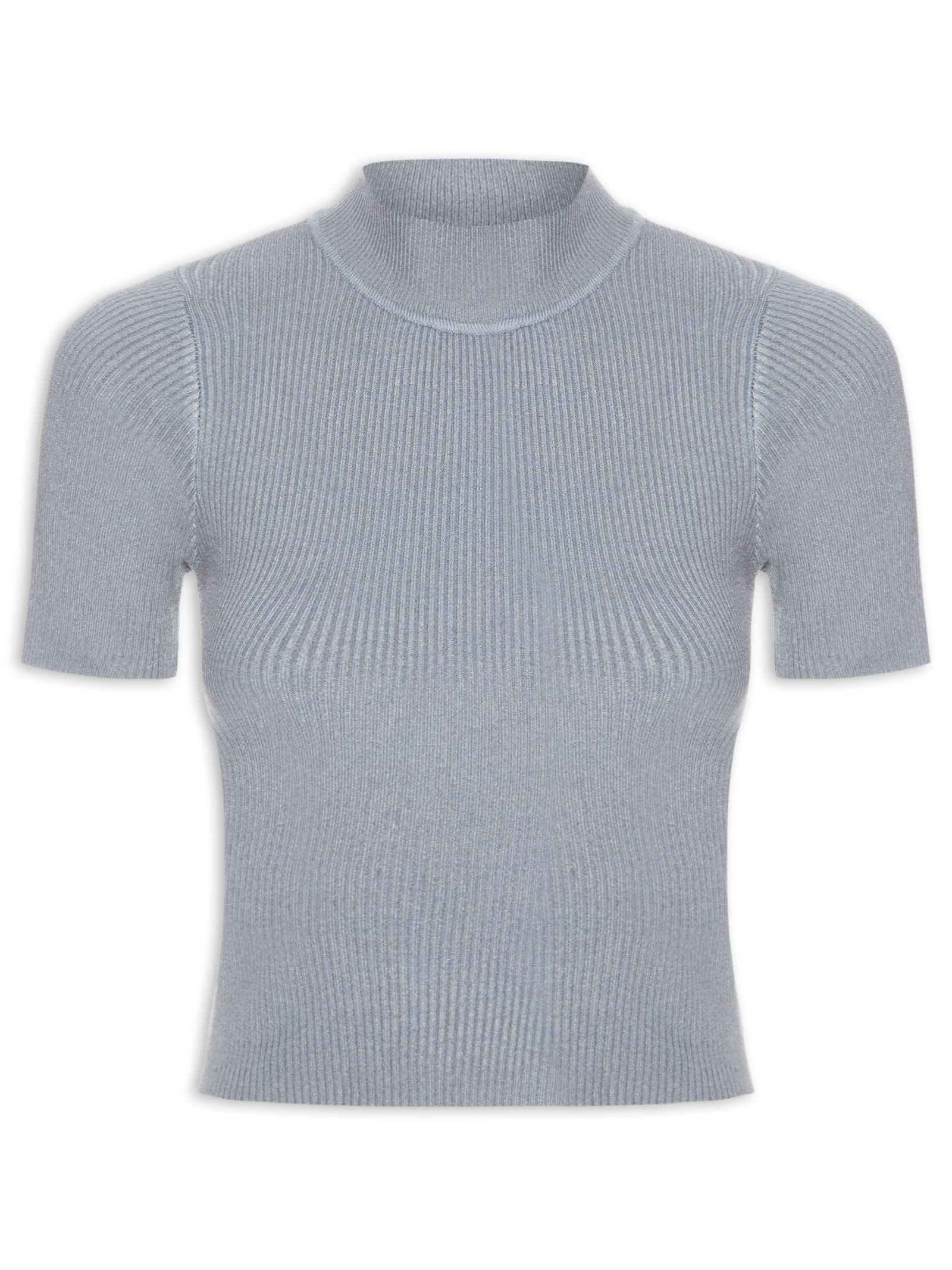 Camiseta Feminina Tricot Cropped Básica Cinza Basiq