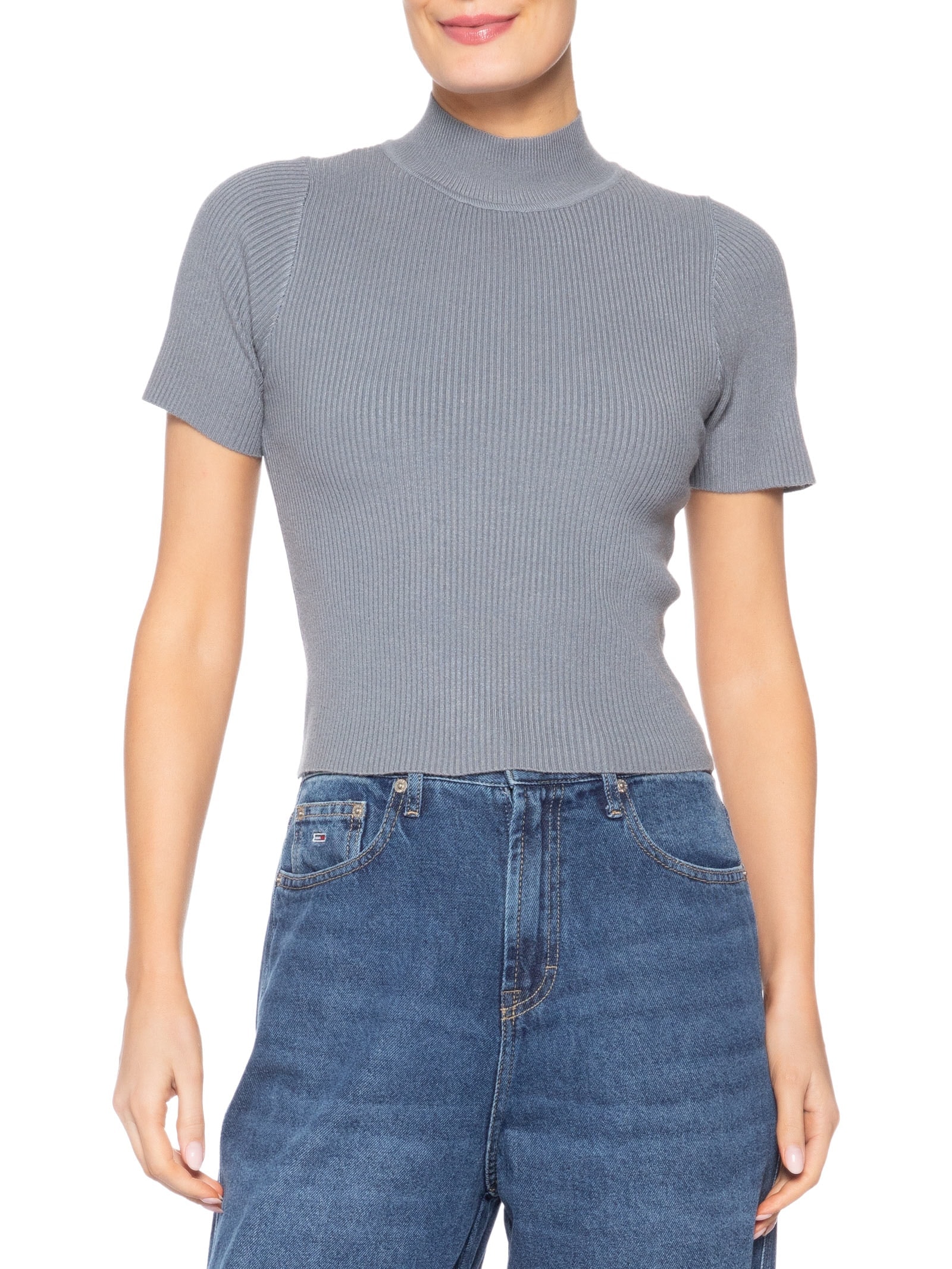 Camiseta Feminina Tricot Cropped Básica – Cinza Basiq