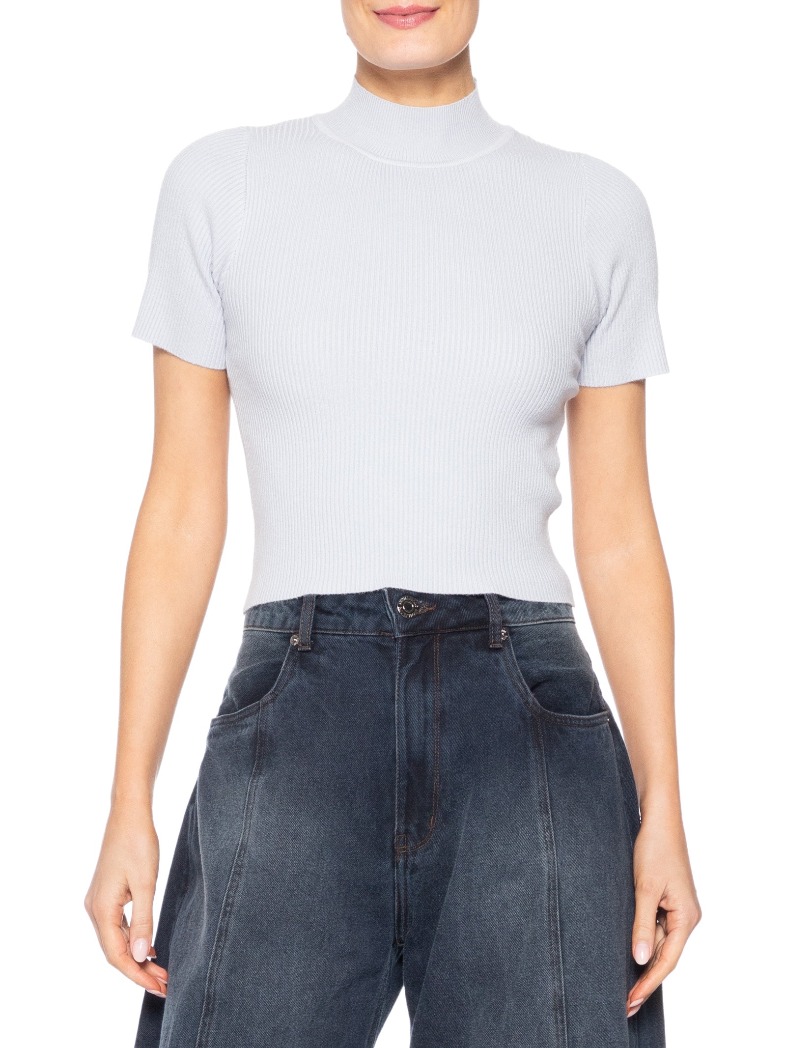 Camiseta Feminina Tricot Cropped Básica – Cinza Basiq