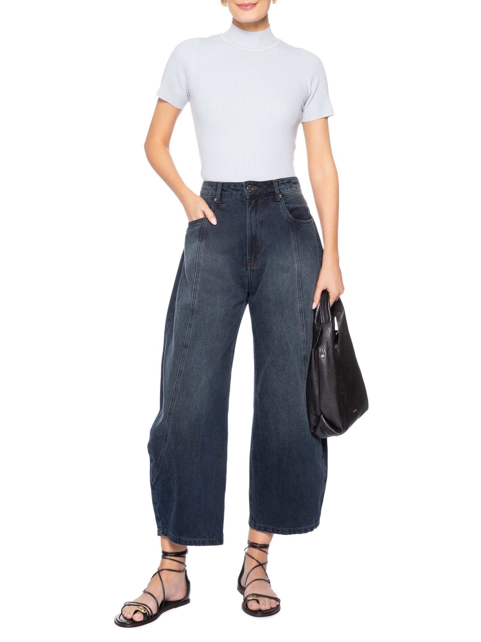 Camiseta Feminina Tricot Cropped Básica – Cinza Basiq