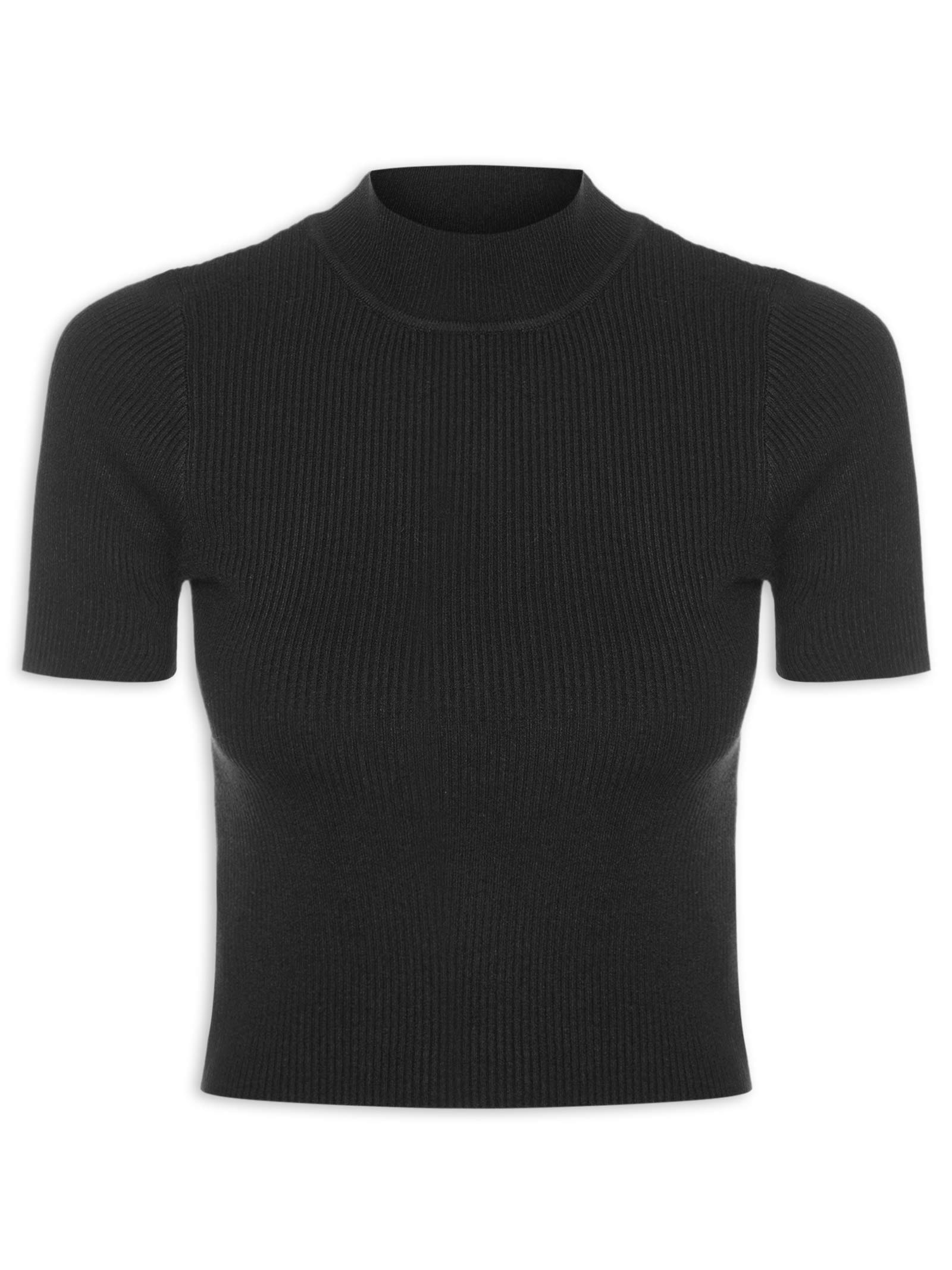 Camiseta Feminina Tricot Cropped Básica – Preto Basiq