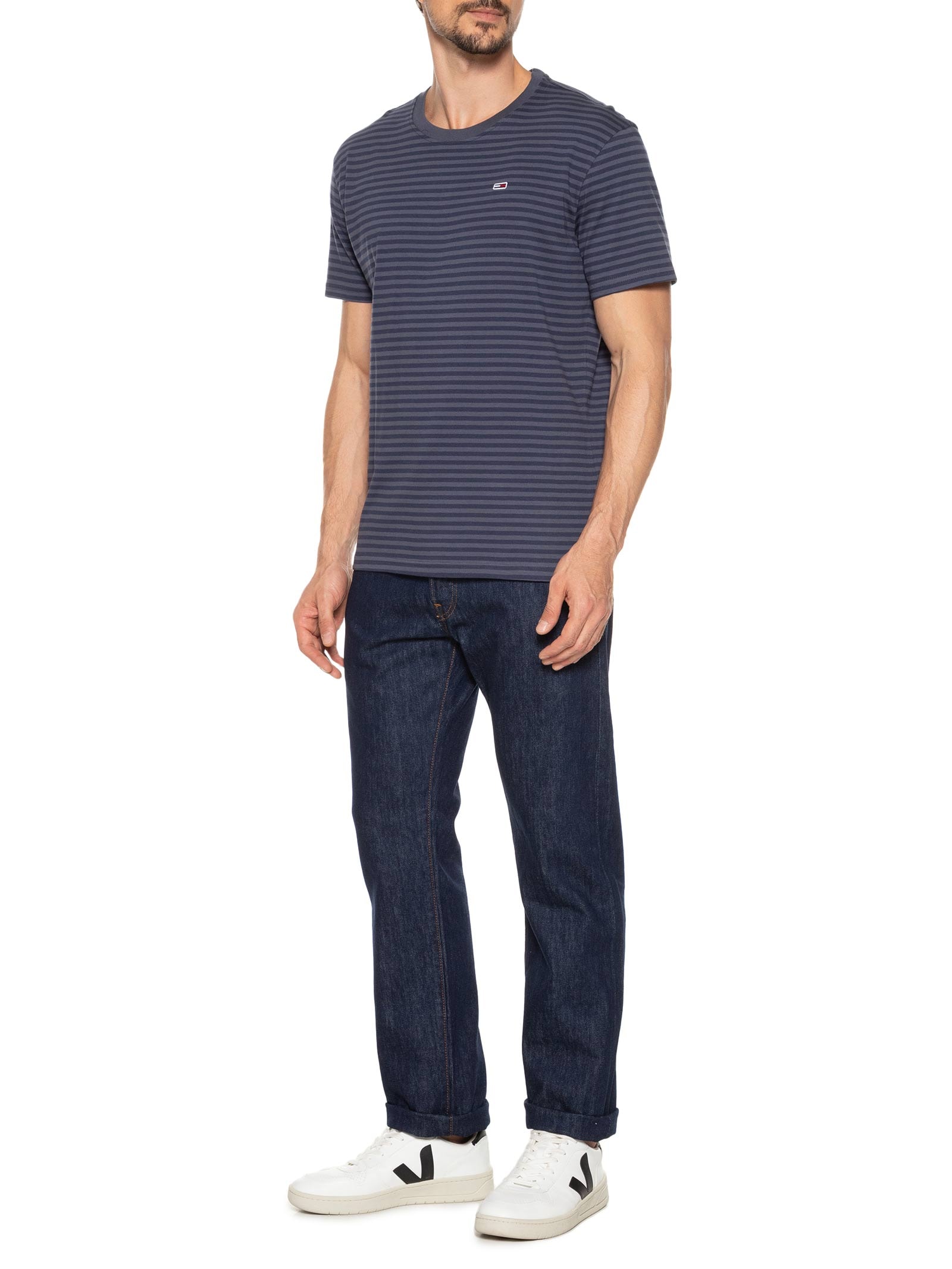 Camiseta Masculina Bandeira Bordada Regular Fit Listrada Em Algodão Azul Tommy Jeans