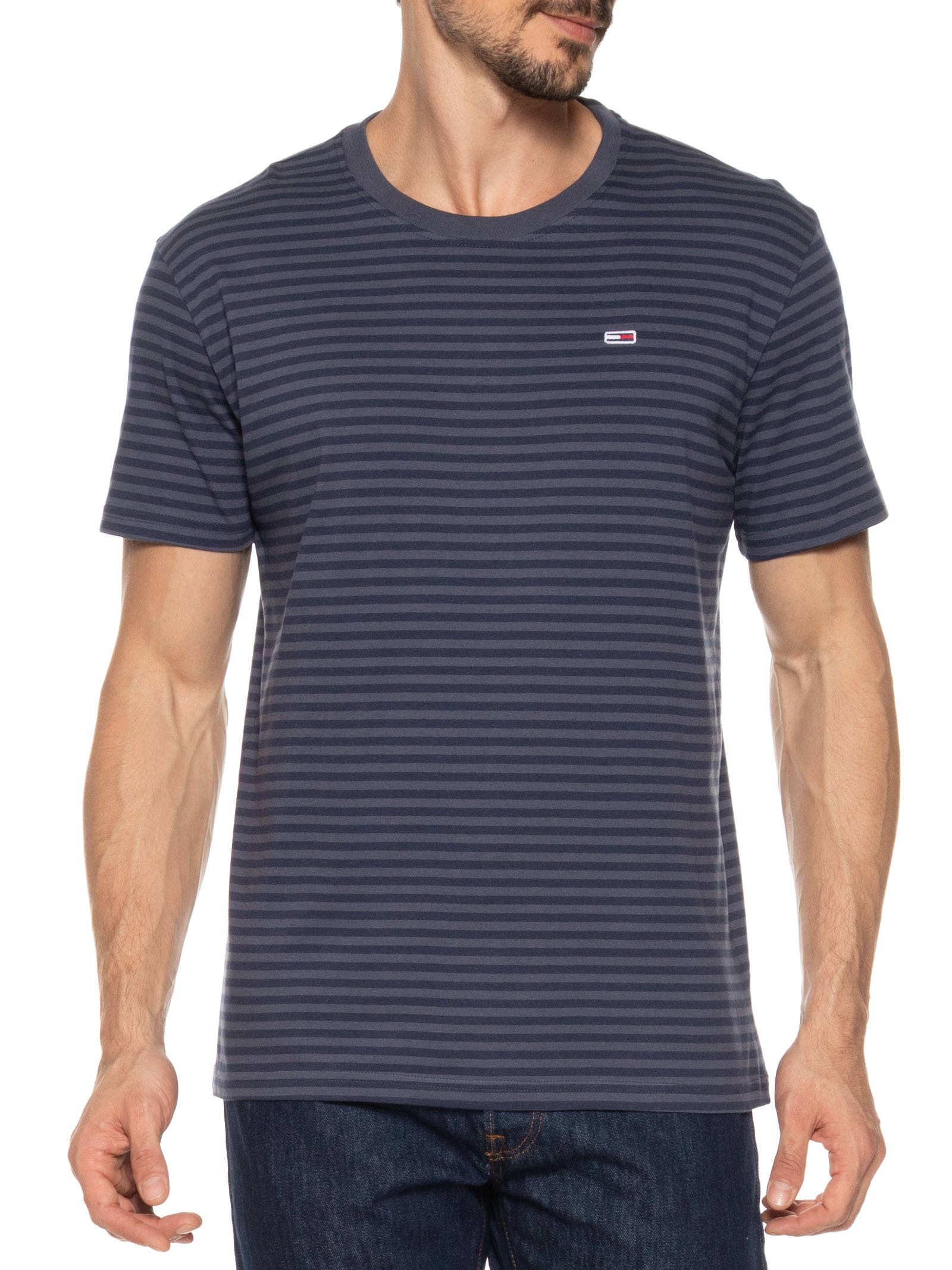 Camiseta Masculina Bandeira Bordada Regular Fit Listrada Em Algodão Azul Tommy Jeans