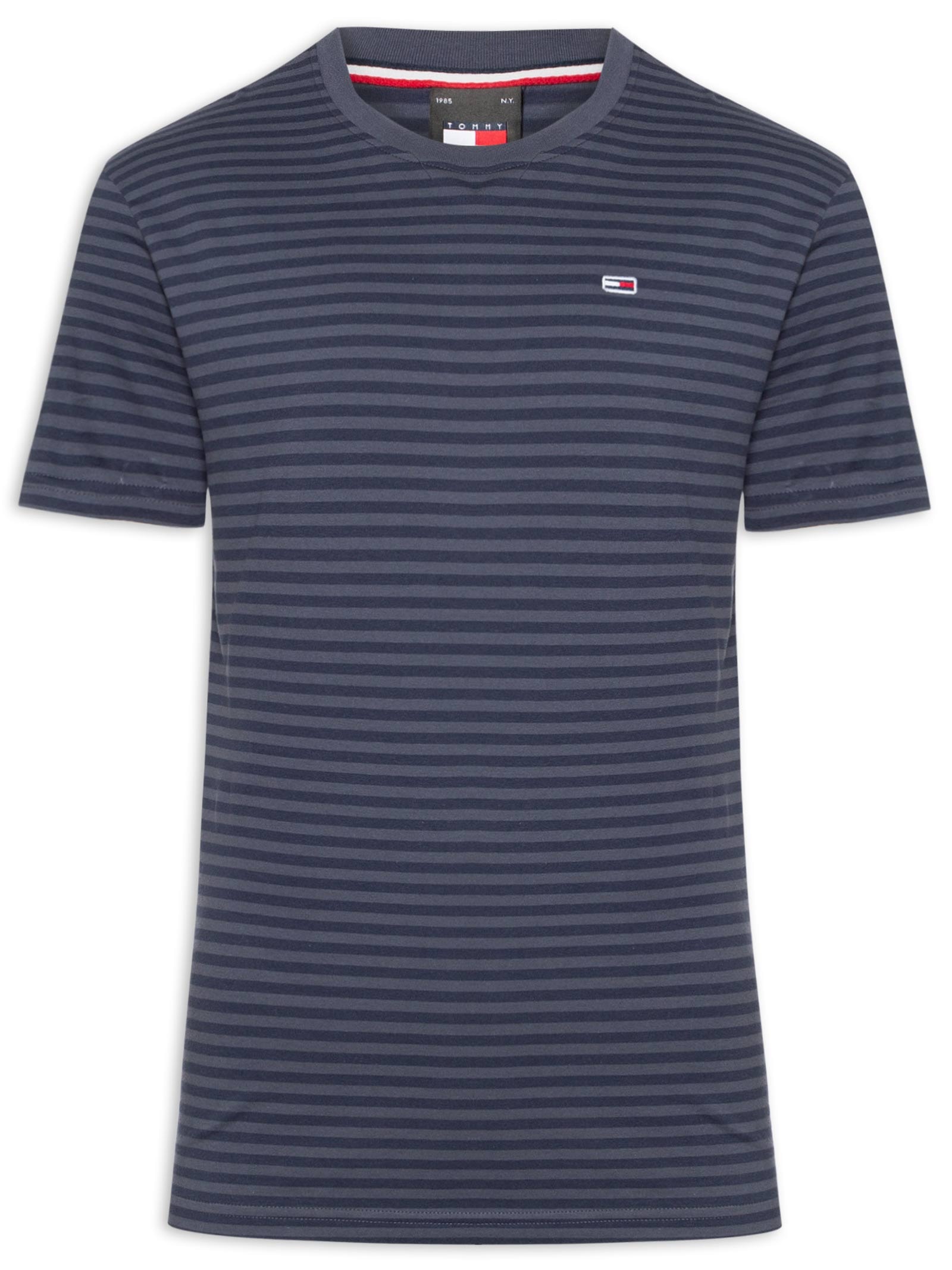 Camiseta Masculina Bandeira Bordada Regular Fit Listrada Em Algodão Azul Tommy Jeans
